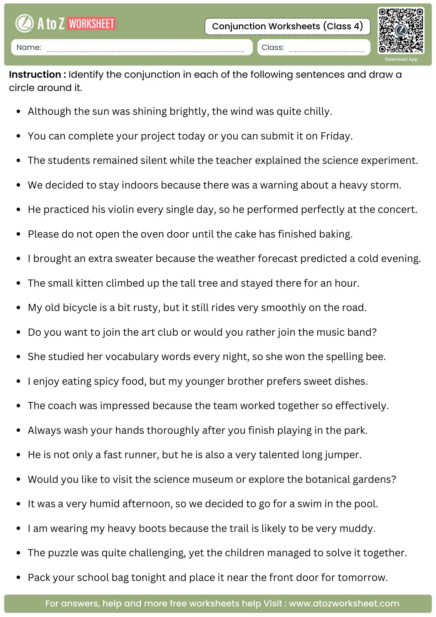 identify and circle the conjunction task in conjunction worksheets for class 4.