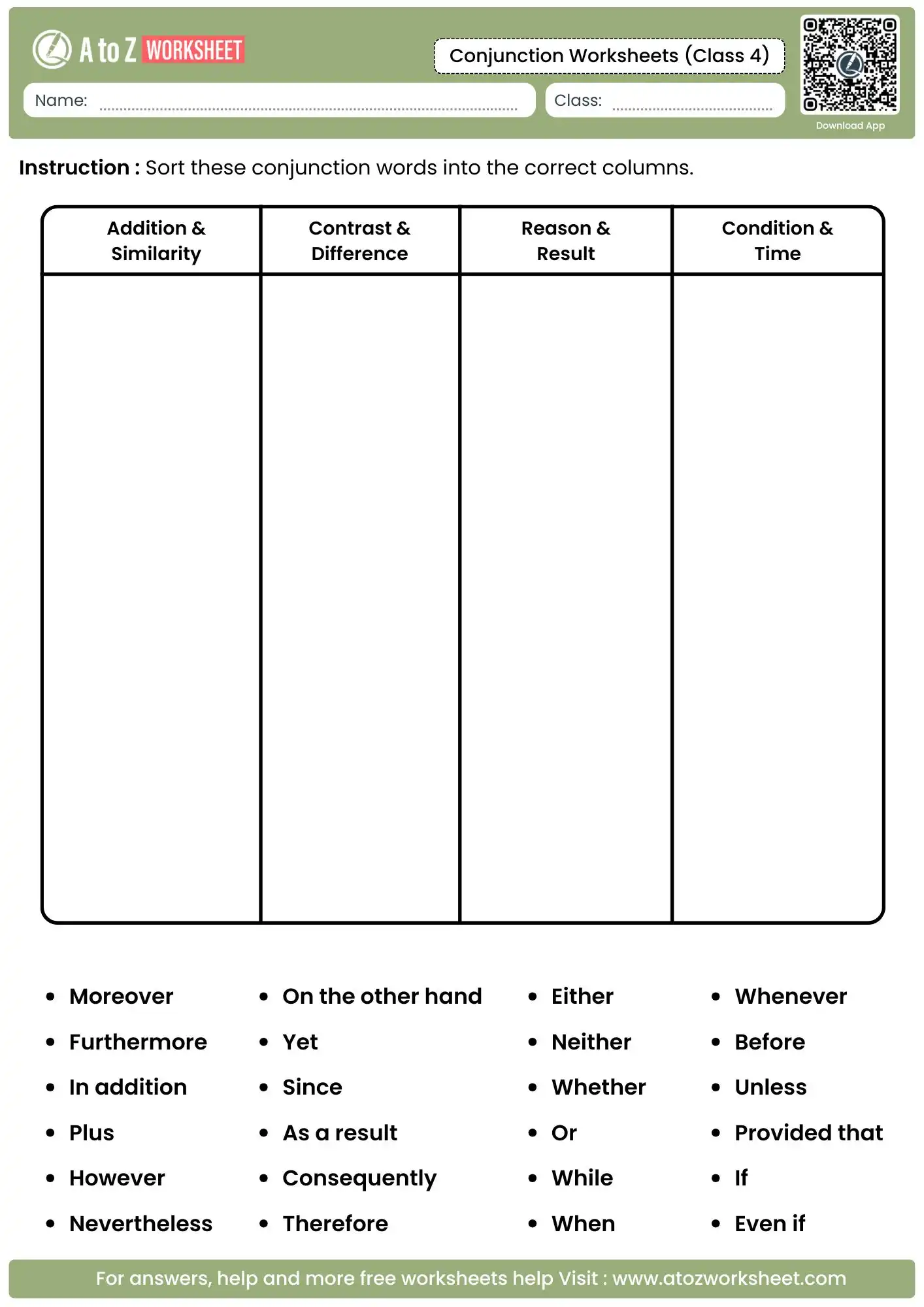 sorting 24 conjunction words into functional columns in conjunction worksheets for class 4.