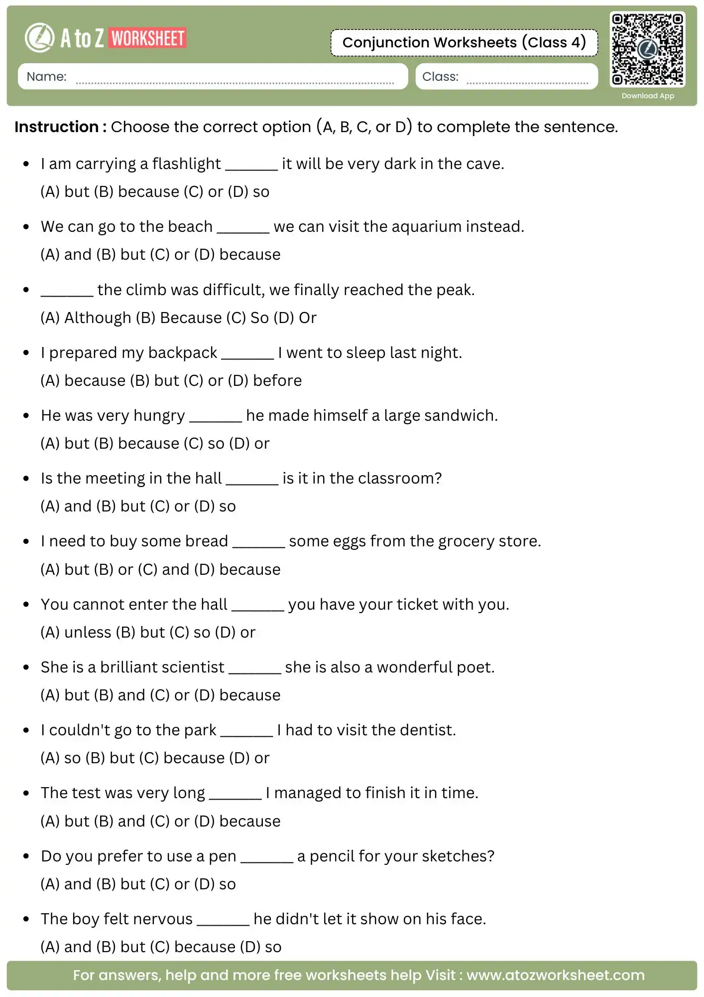multiple choice questions for logical sentence completion in conjunction worksheets for class 4.