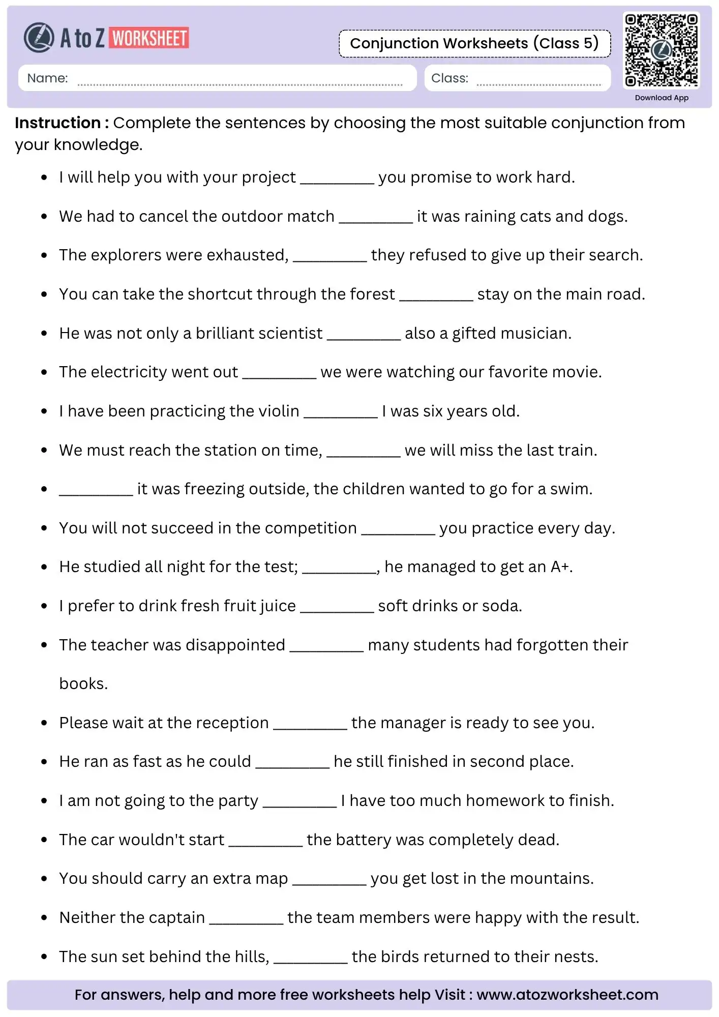 fill in the blanks with suitable conjunctions in conjunction worksheets for class 5.