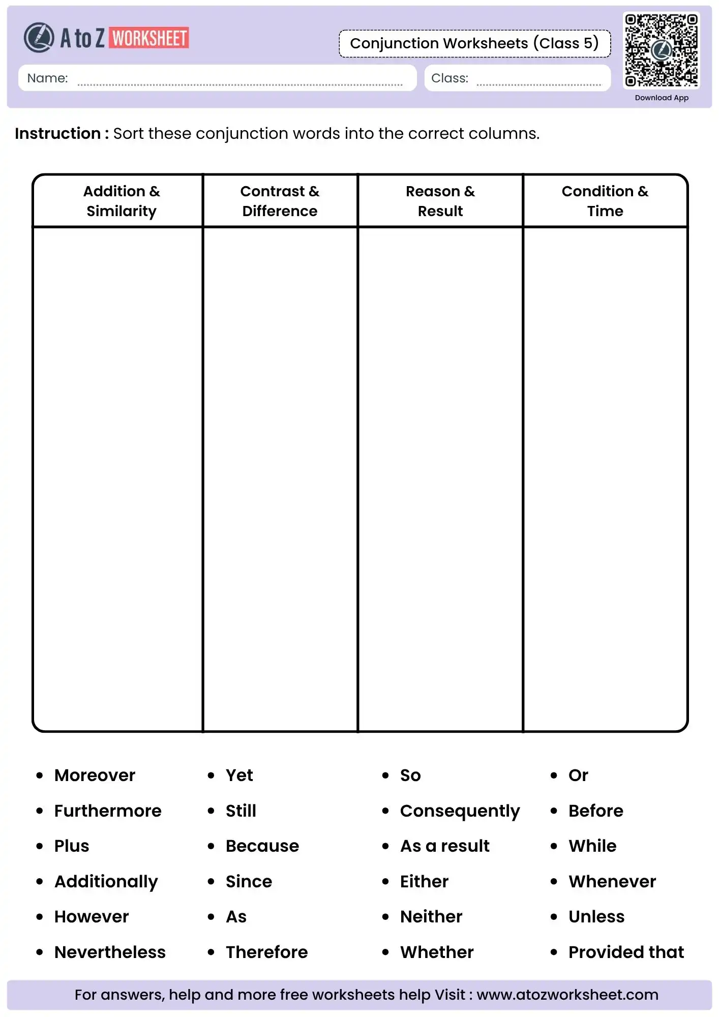 sorting 24 advanced conjunctions into functional columns in conjunction worksheets for class 5.