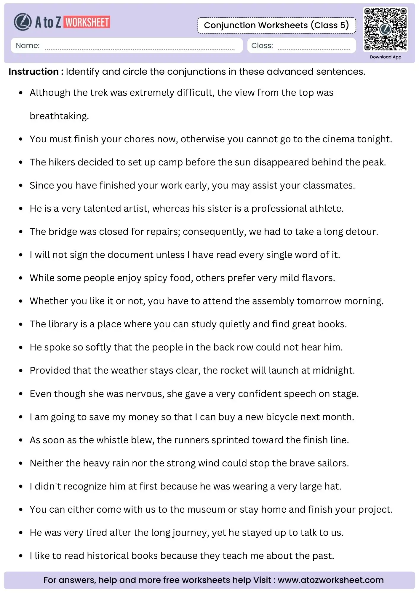 identify and circle conjunctions in advanced sentences in conjunction worksheets for class 5.