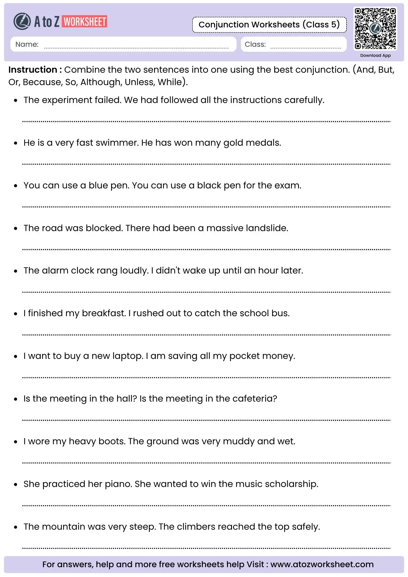 combine two sentences into one using best conjunction in conjunction worksheets for class 5.