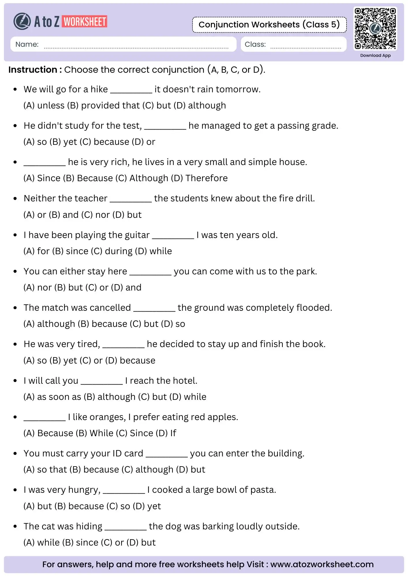 multiple choice assessment for logical conjunction usage in conjunction worksheets for class 5.