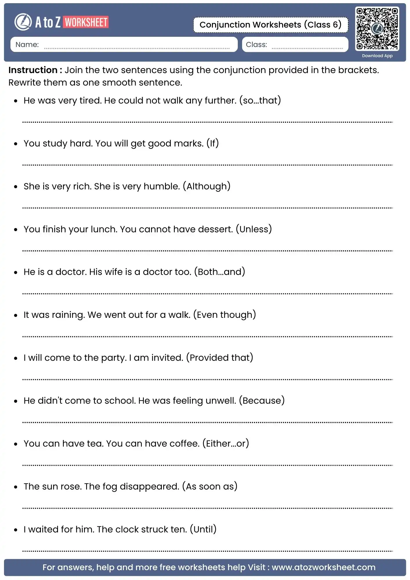 joining sentences using advanced connectors in conjunction worksheets for class 6.