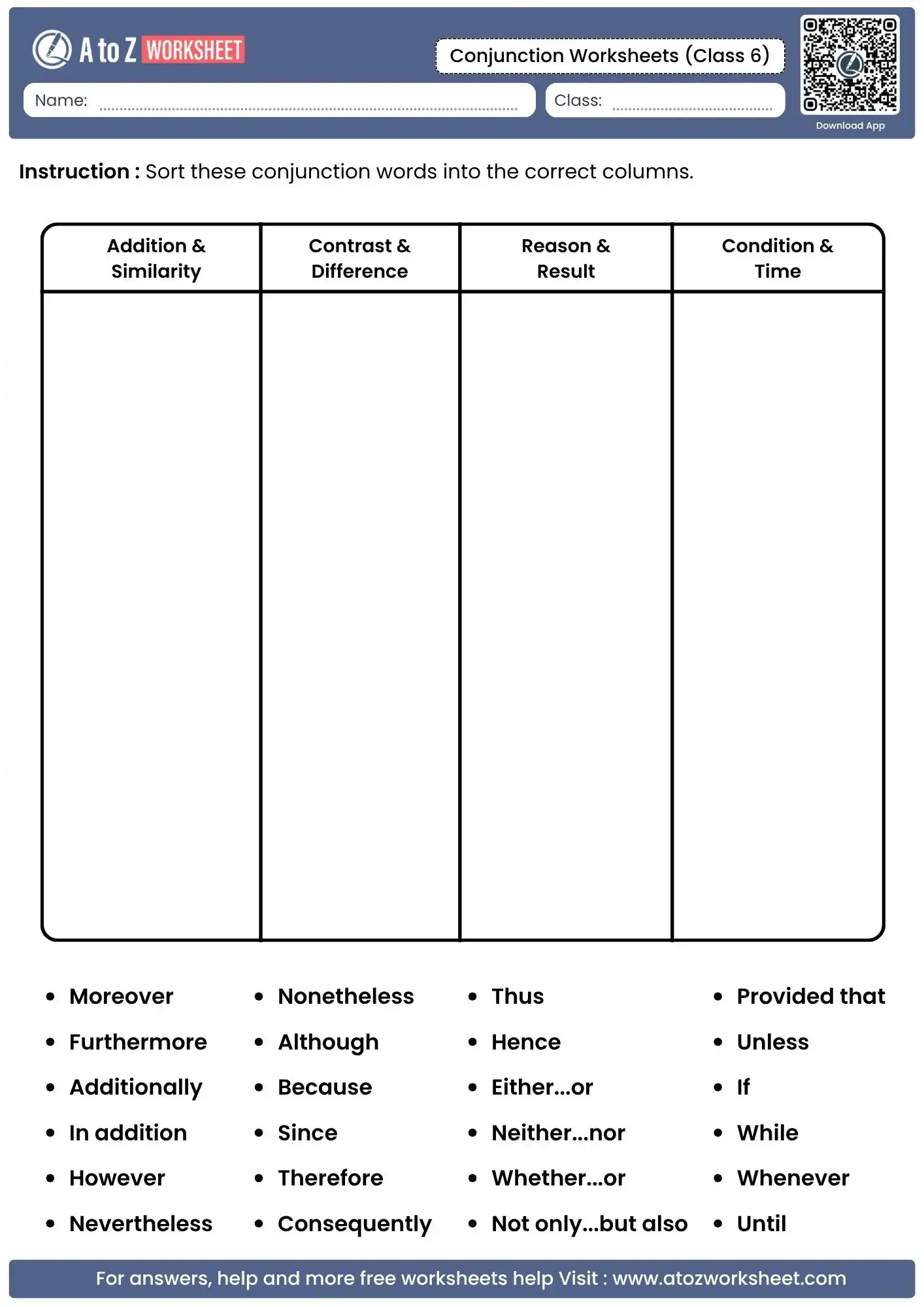 sorting 24 advanced conjunctions into functional columns in conjunction worksheets for class 6.