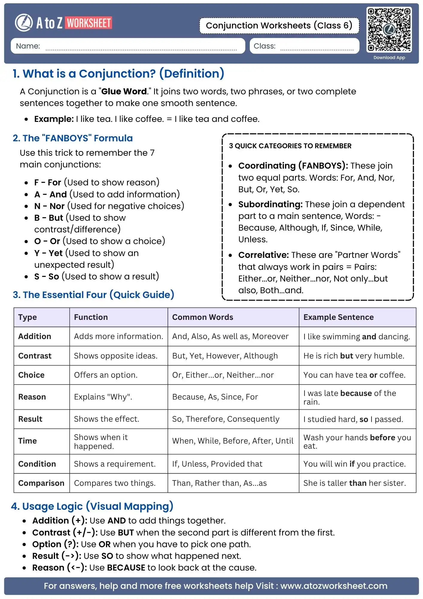 comprehensive guide to fanboys and conjunction types in conjunction worksheets for class 6.