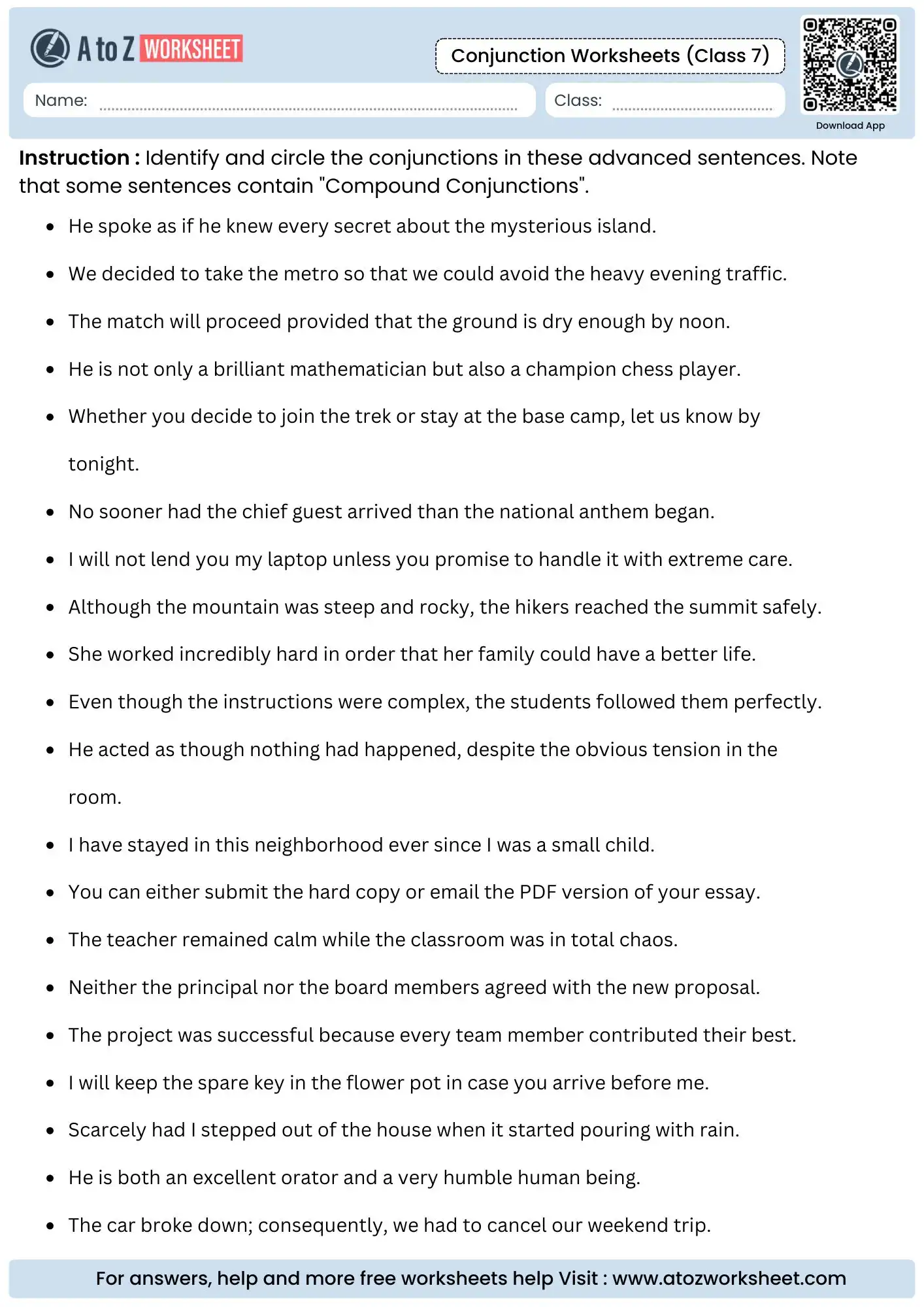identifying and circling advanced conjunctions in complex sentences for class 7.