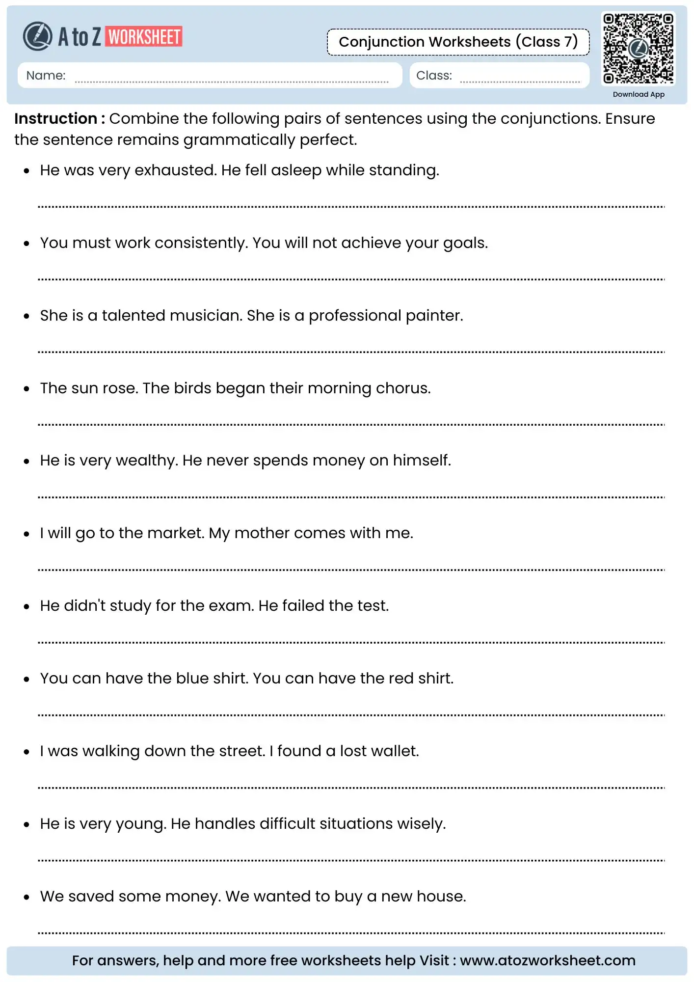 Free Printable Conjunction Worksheets For Class 7 Students 2 combine sentence pairs using advanced connectors in conjunction worksheets for class 7.