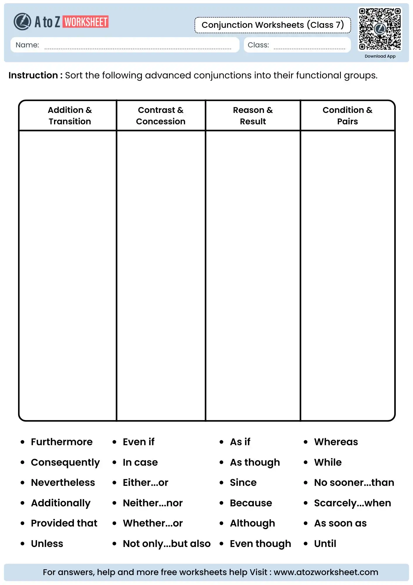Free Printable Conjunction Worksheets For Class 7 Students 3 sorting 24 advanced conjunctions into functional groups in conjunction worksheets for class 7.