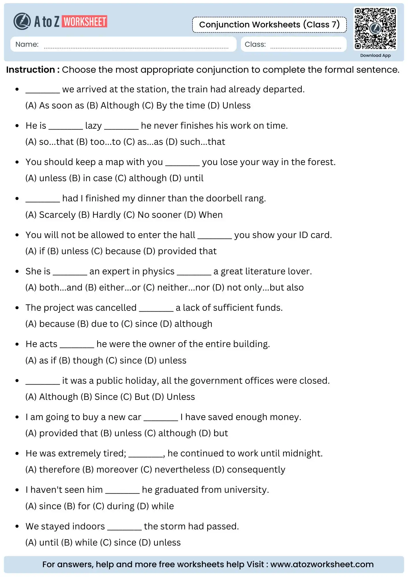 Free Printable Conjunction Worksheets For Class 7 Students 4 multiple choice assessment for formal conjunction usage in conjunction worksheets for class 7.