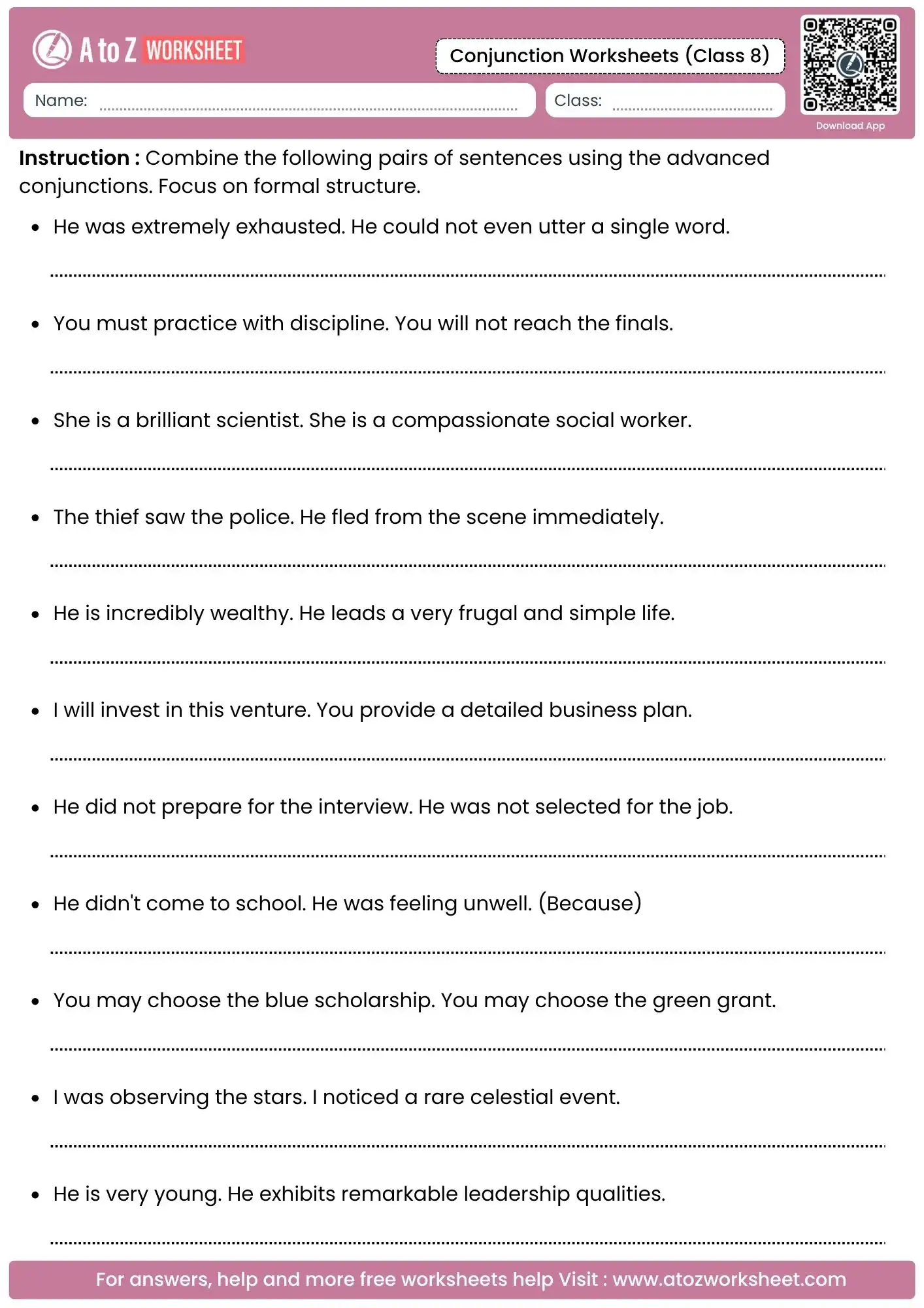 combine sentence pairs using formal connectors in conjunction worksheets for class 8.
