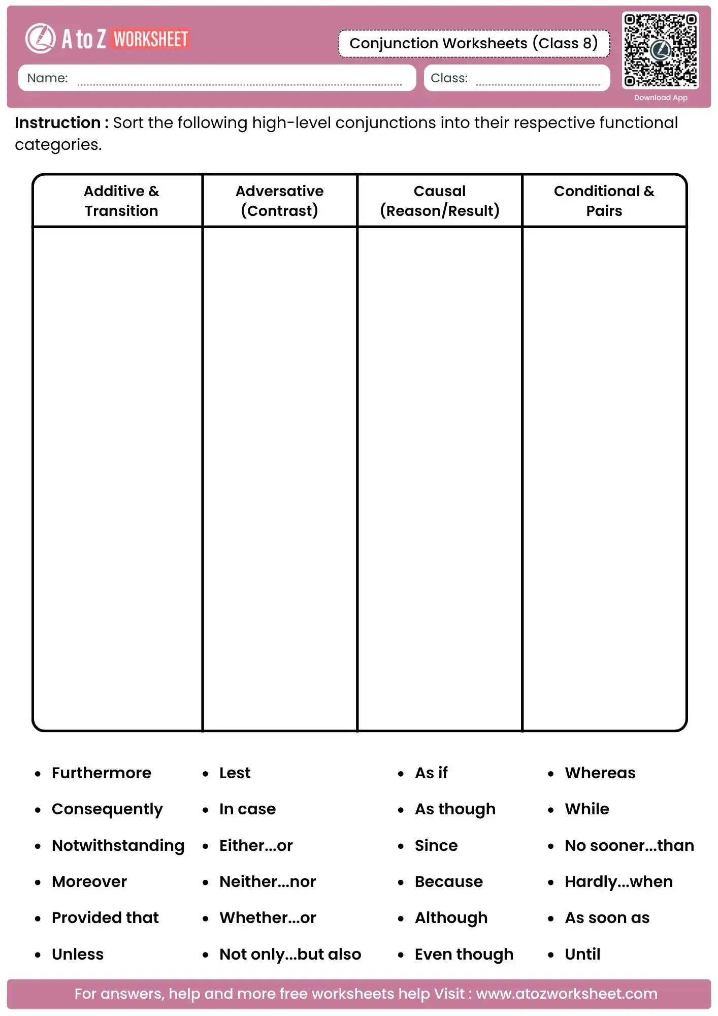 sorting 24 high level conjunctions into functional categories for class 8.
