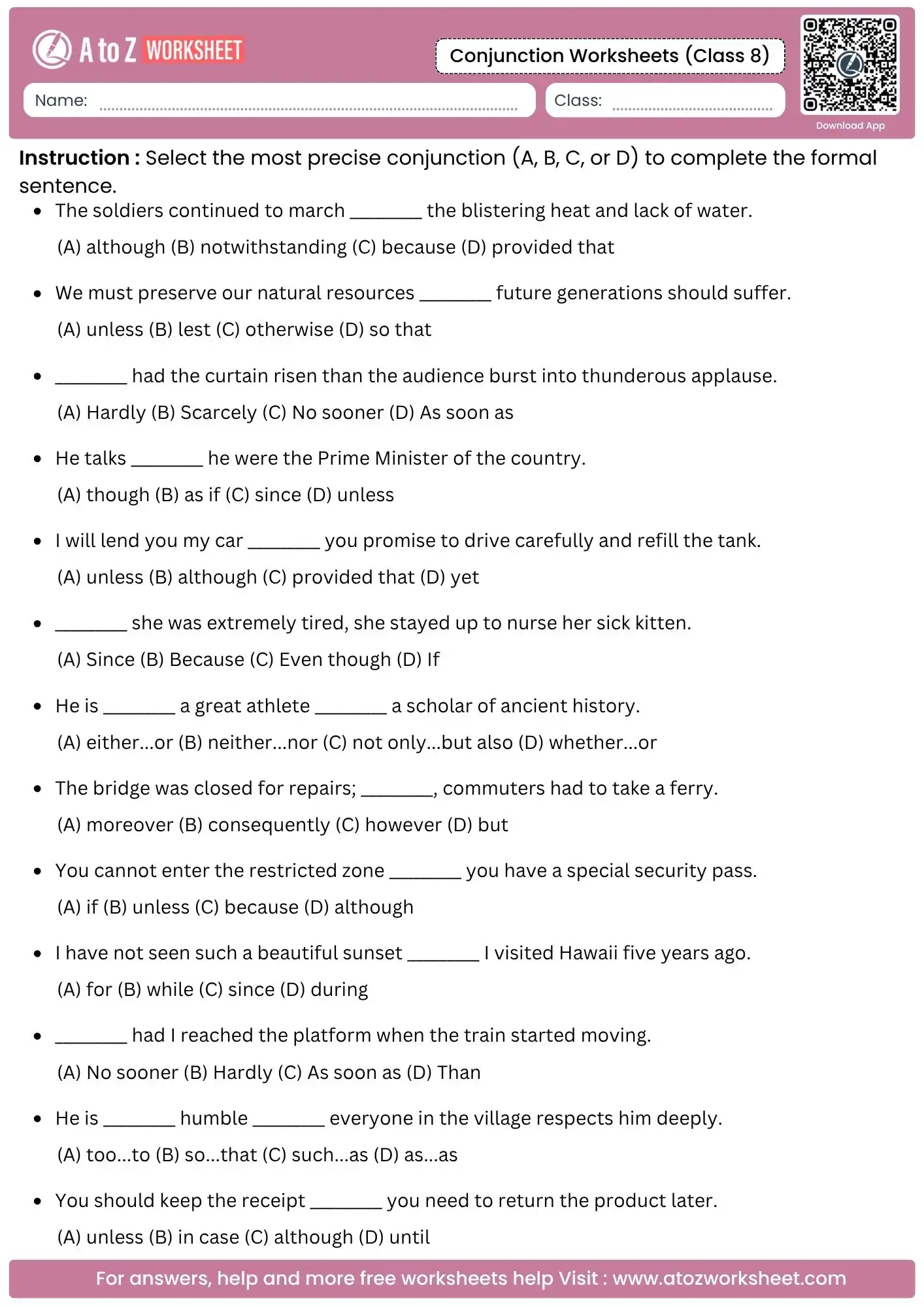multiple choice assessment for precise conjunction usage in formal English.