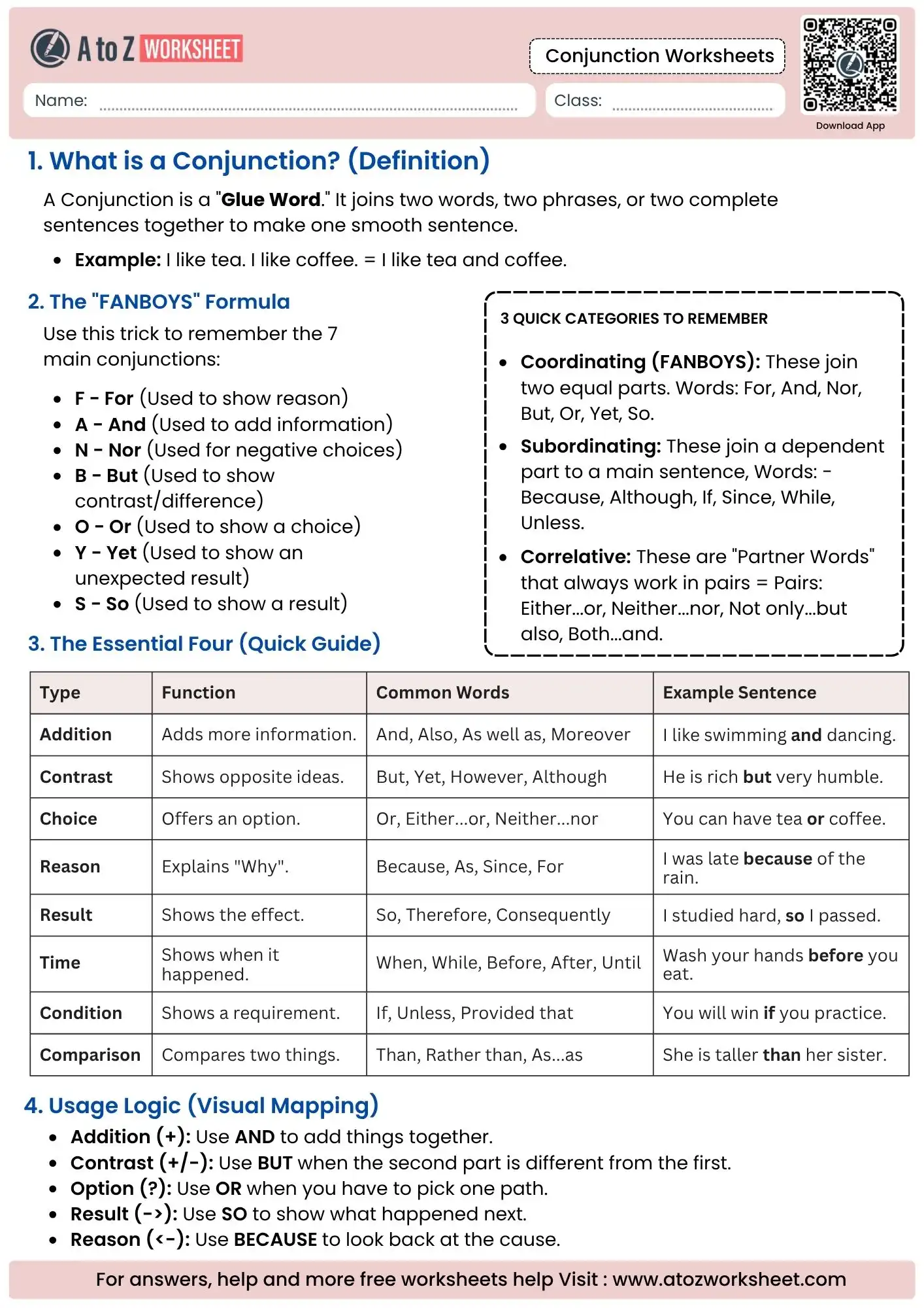 comprehensive conjunction guide and fanboys formula in conjunction worksheets.