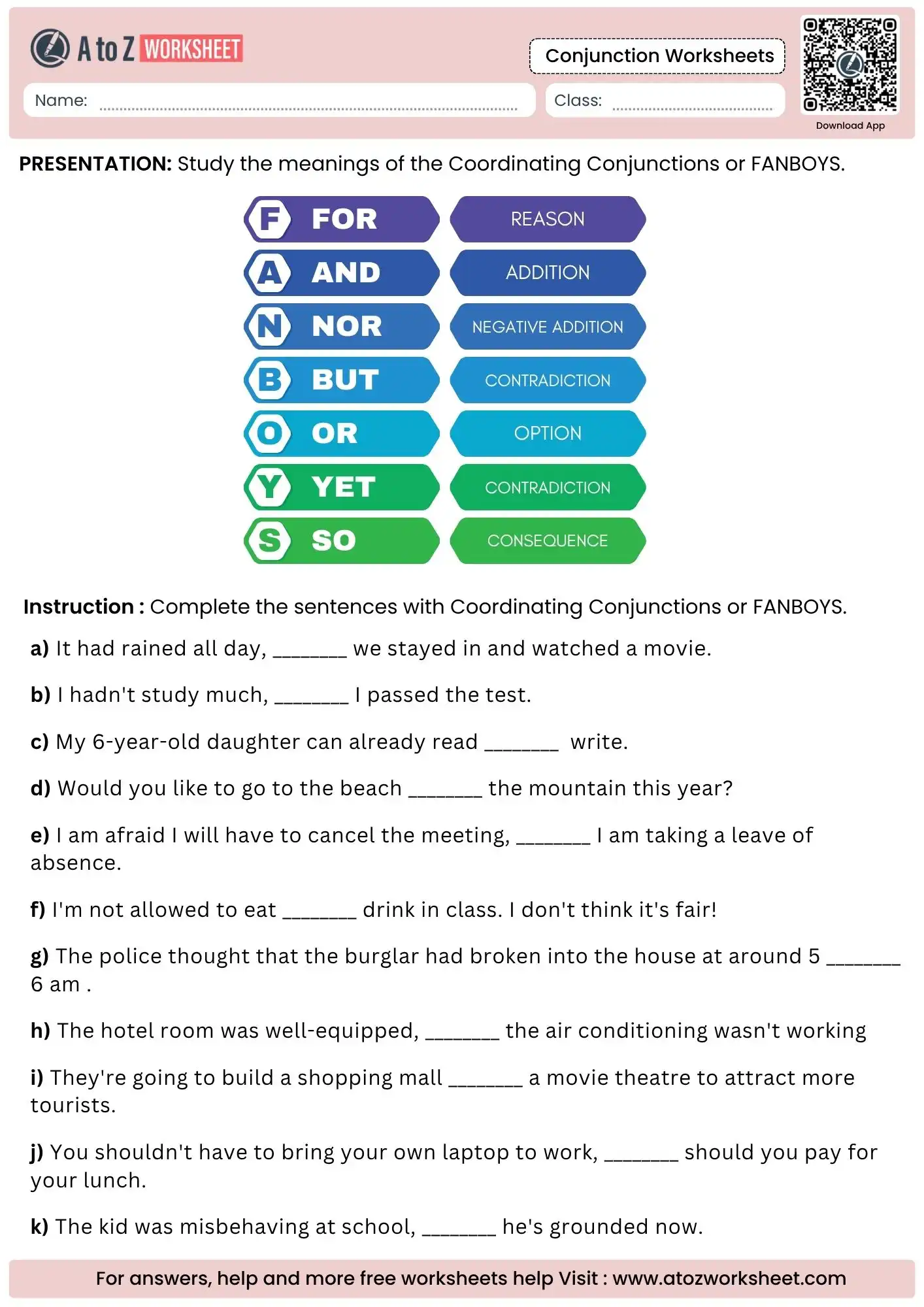fanboys coordinating conjunction sentence completion in conjunction worksheets.