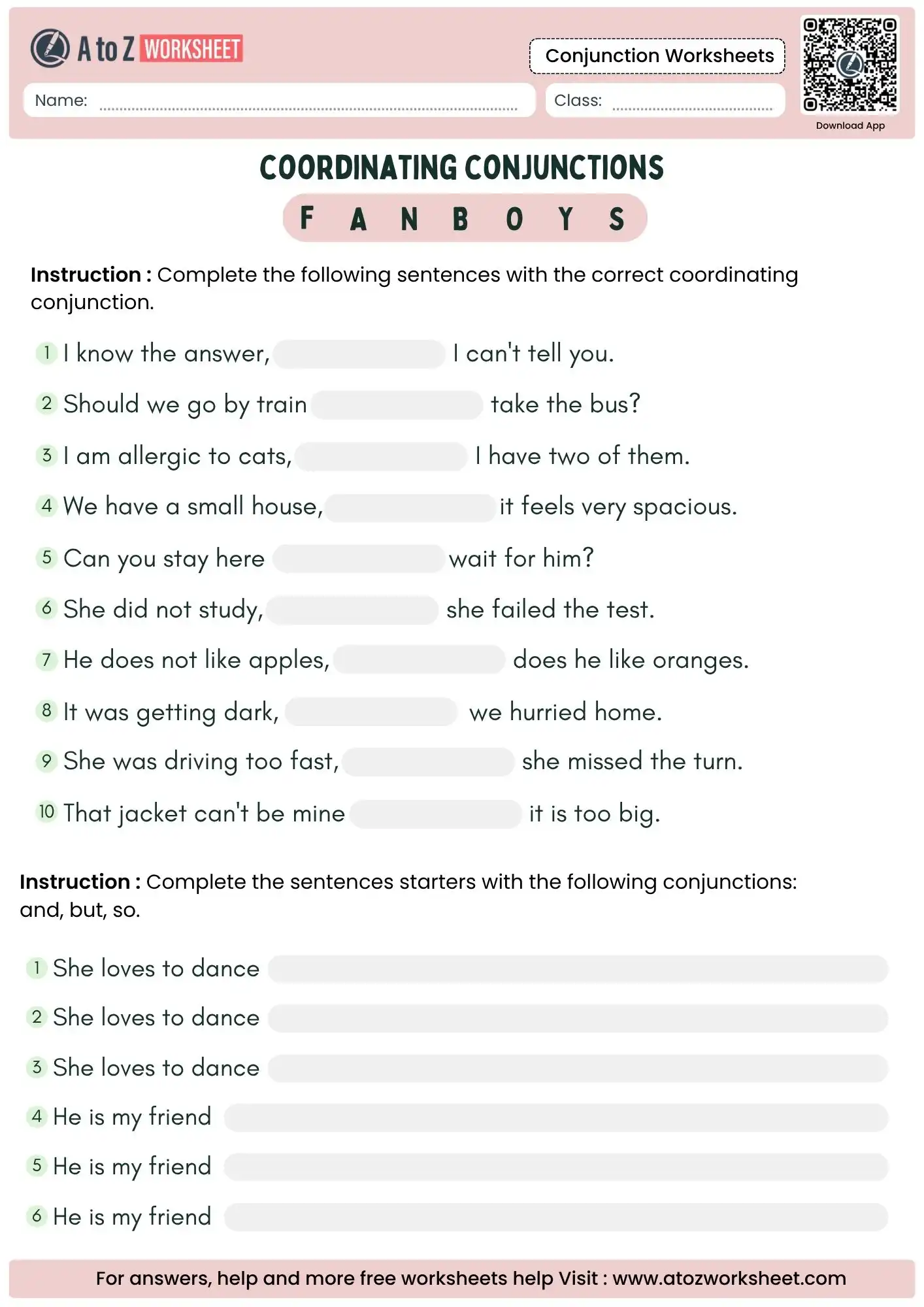 sentence starters and fill in the blanks in conjunction worksheets for grade 3 and 4.