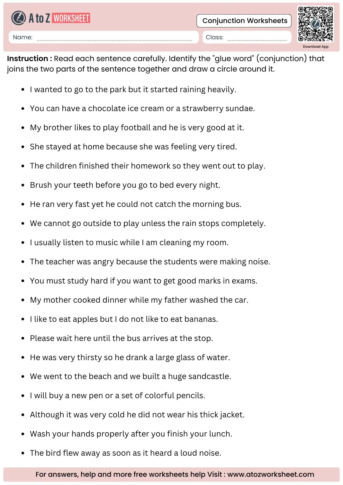 identify the glue word and circle the conjunction in conjunction worksheets.