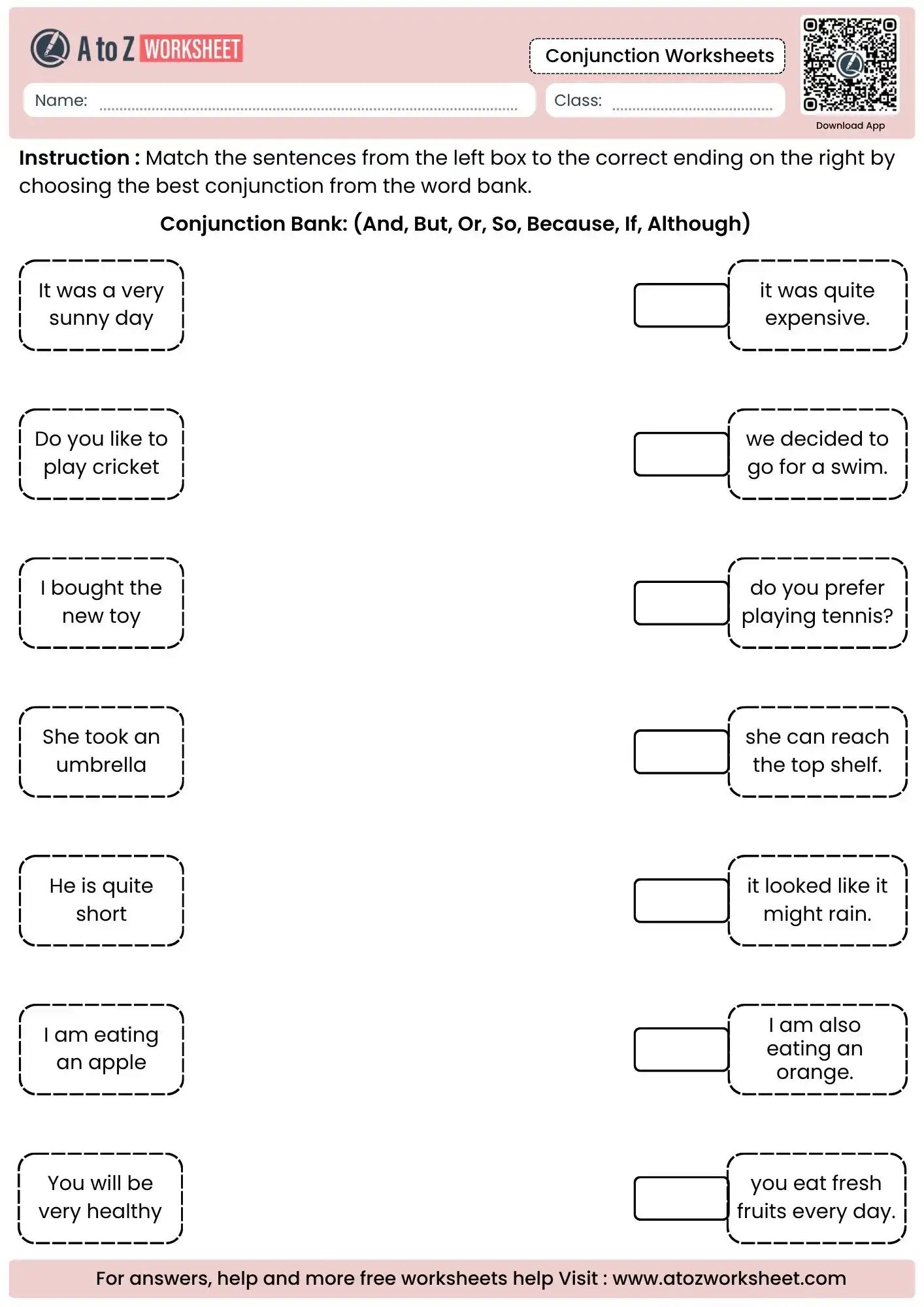 matching sentences with logical conjunctions in conjunction worksheets for kids.