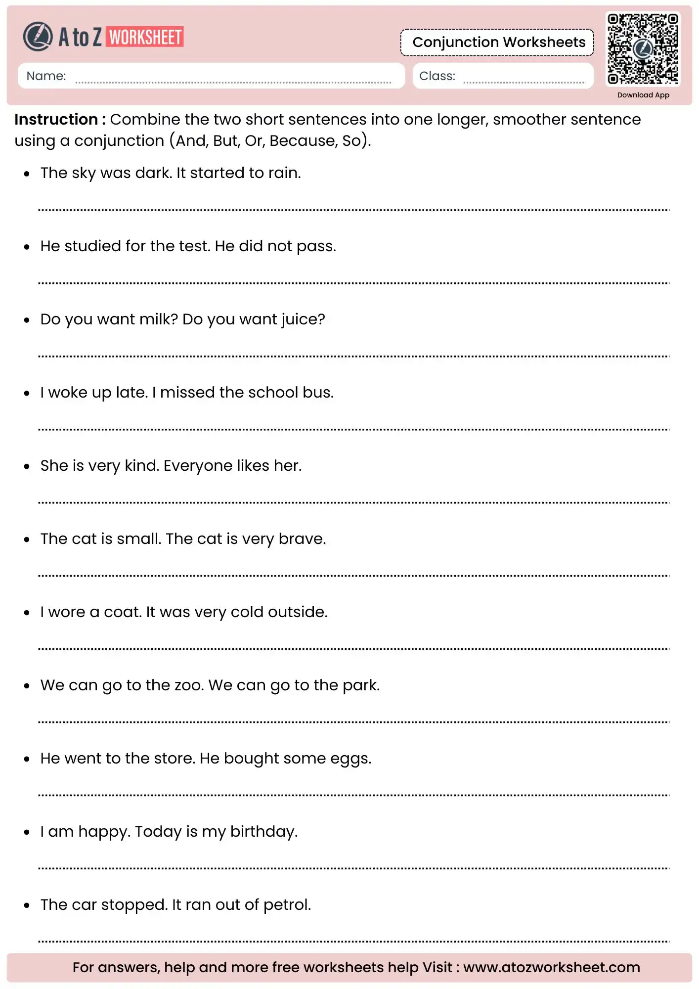 sentence combining activity for smoother writing in conjunction worksheets.