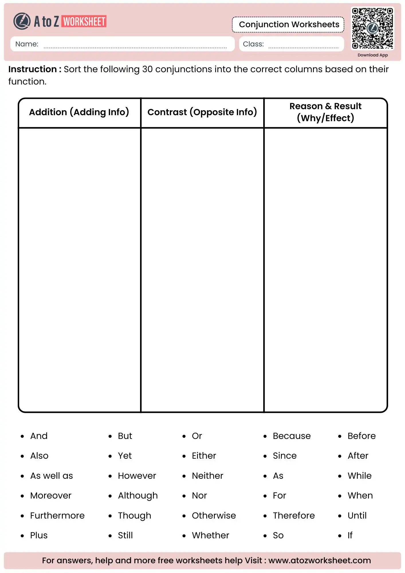 sorting table for 30 conjunctions based on function in conjunction worksheets.