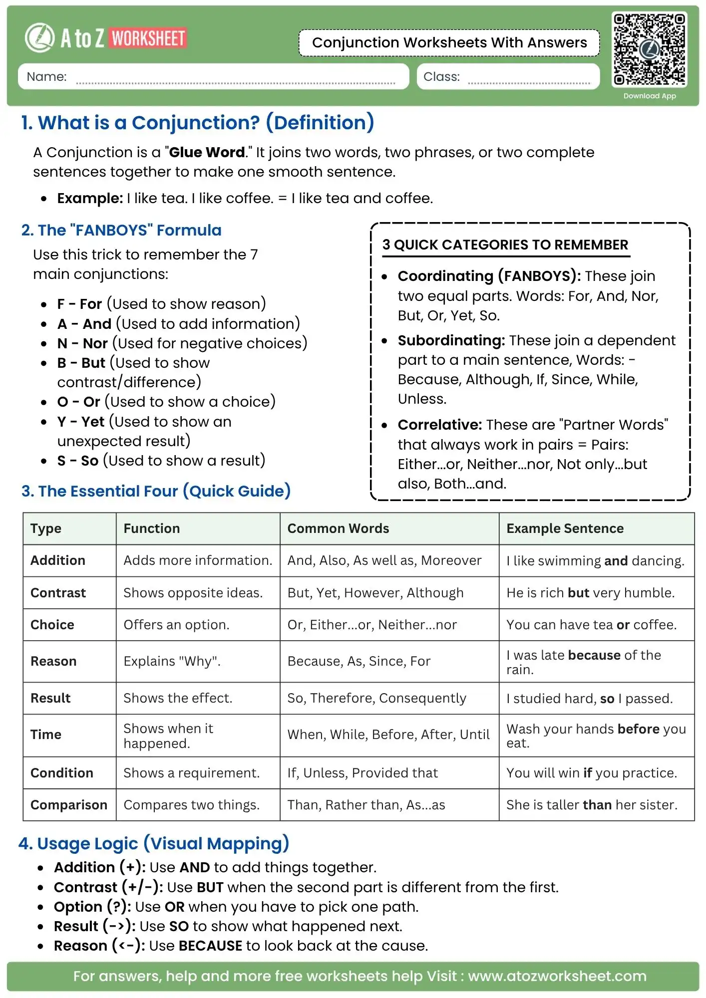 comprehensive conjunction guide and fanboys formula in conjunction worksheets with answers and free pdf.