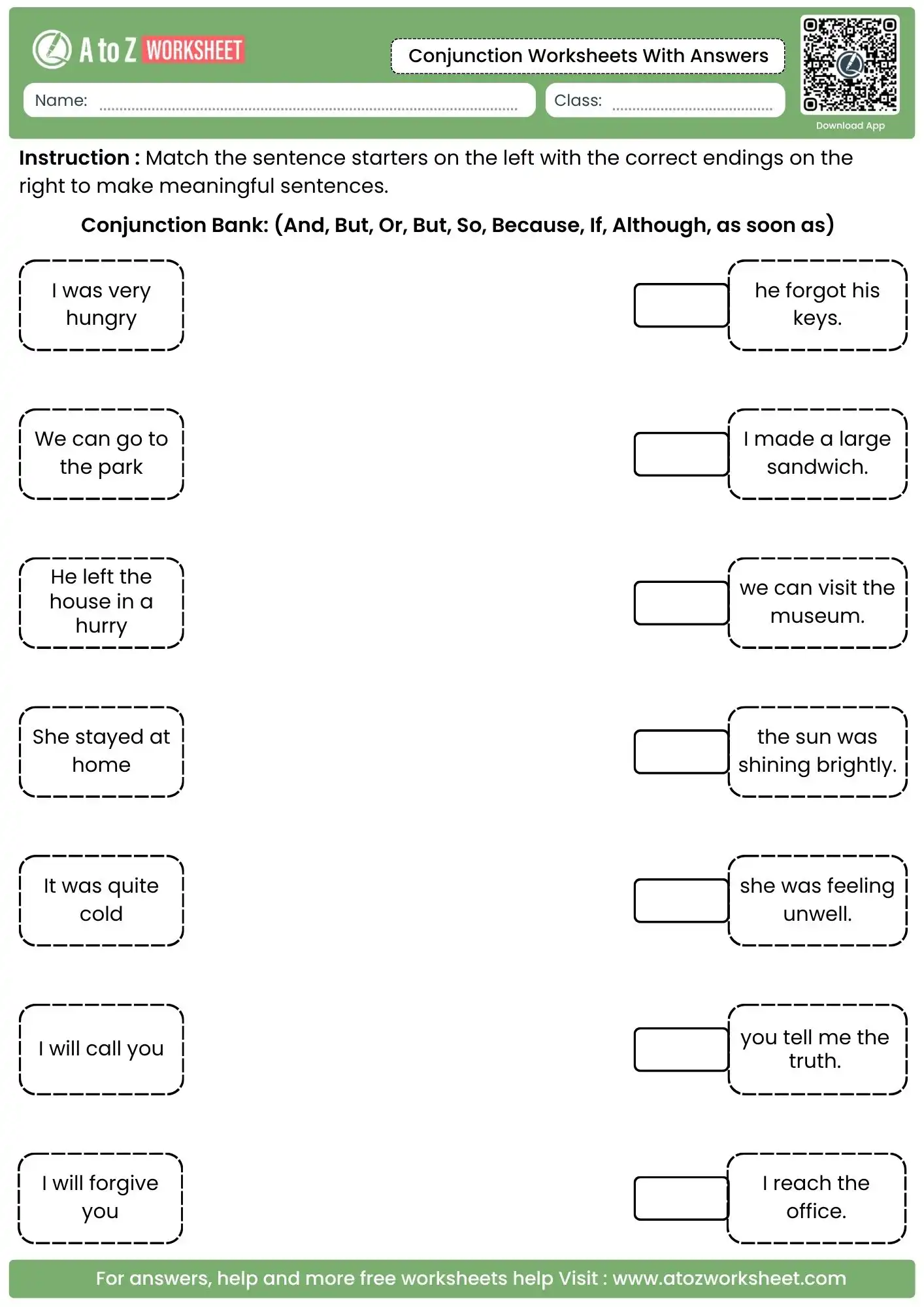 sentence matching and logical connection activity in conjunction worksheets with answers and free pdf.