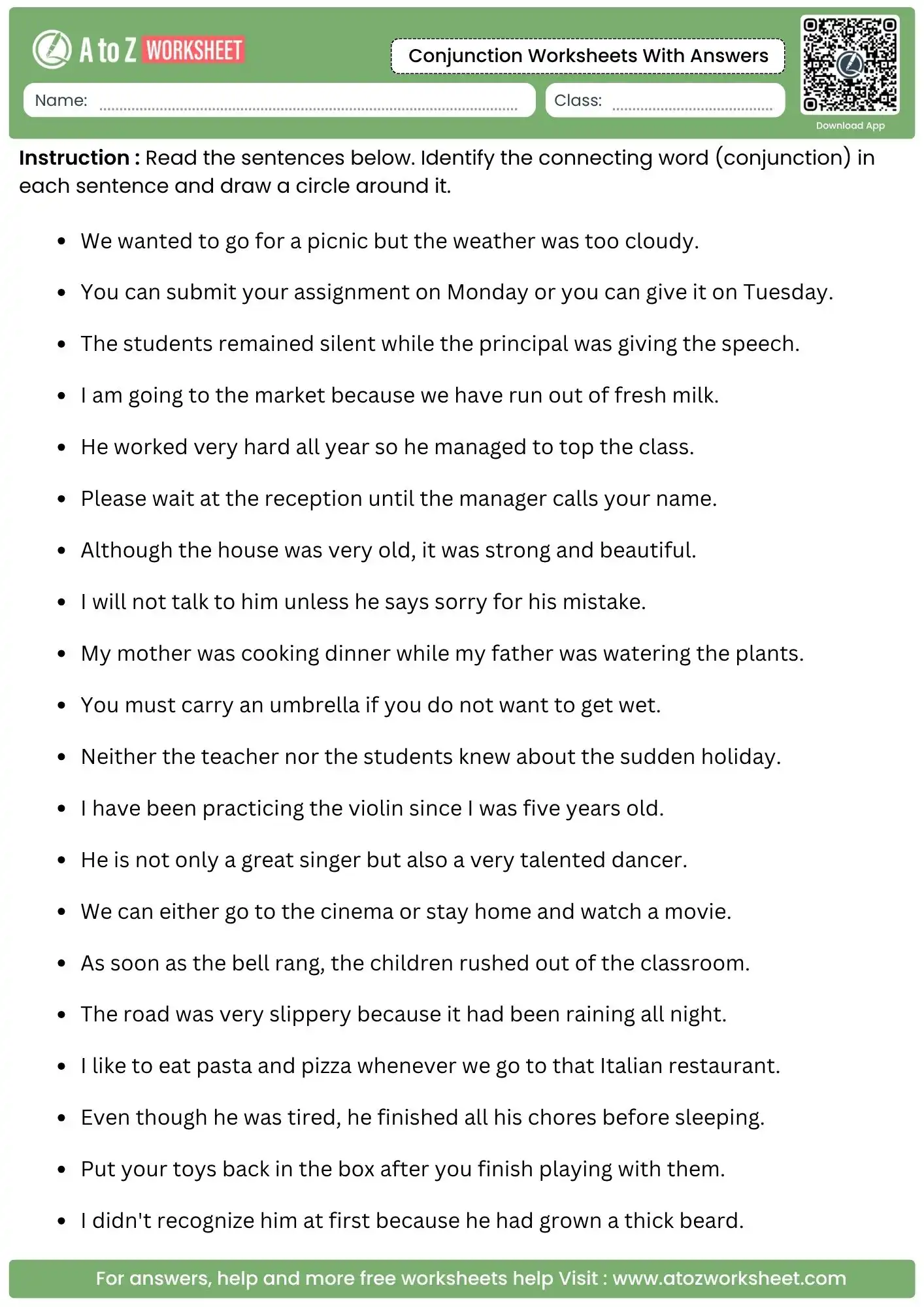 identify and circle the connecting word task in conjunction worksheets with answers and free pdf.