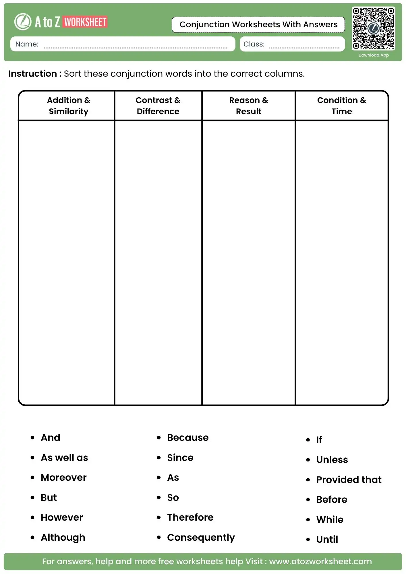 sorting conjunctions by function into categories in conjunction worksheets with answers and free pdf.
