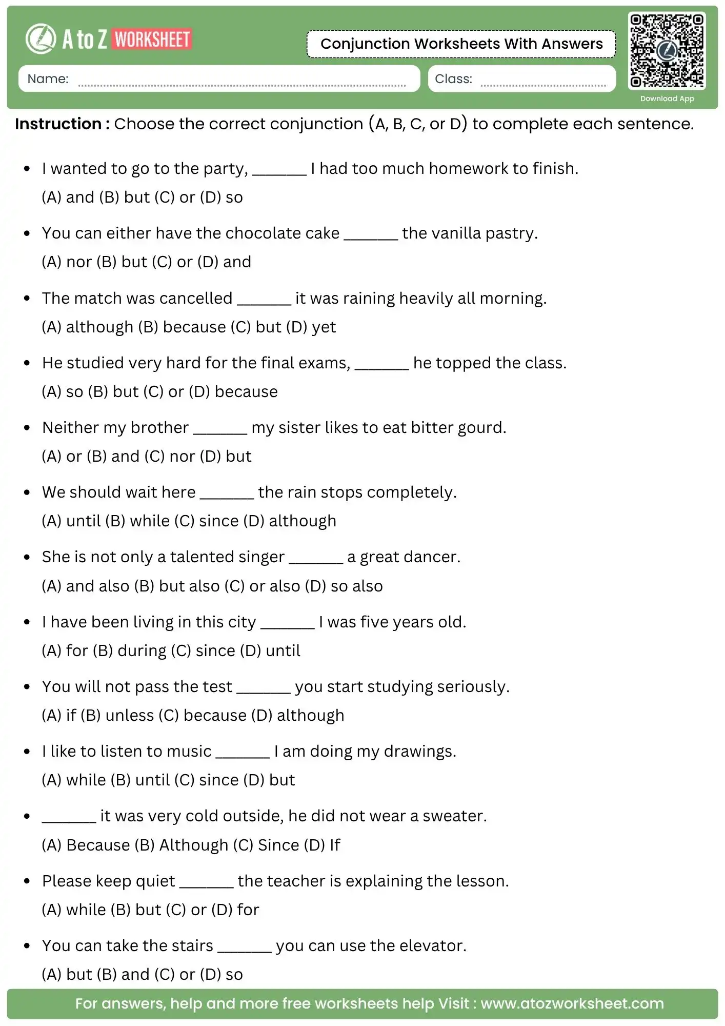 multiple choice grammar assessment in conjunction worksheets with answers and free pdf.