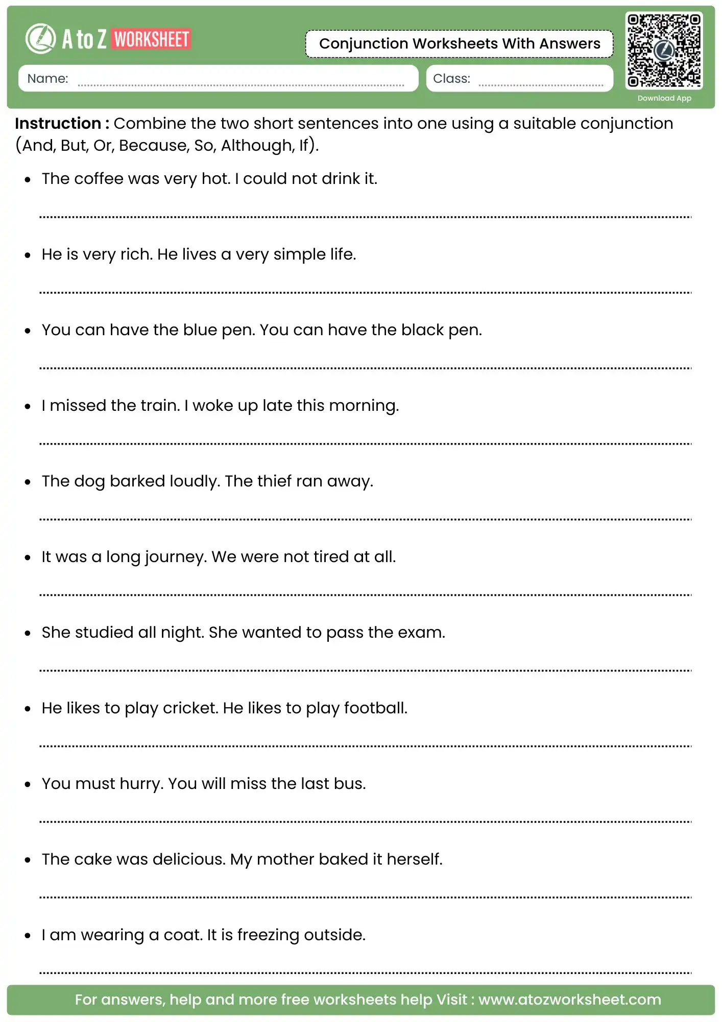 sentence combining practice for advanced writing in conjunction worksheets with answers and free pdf.