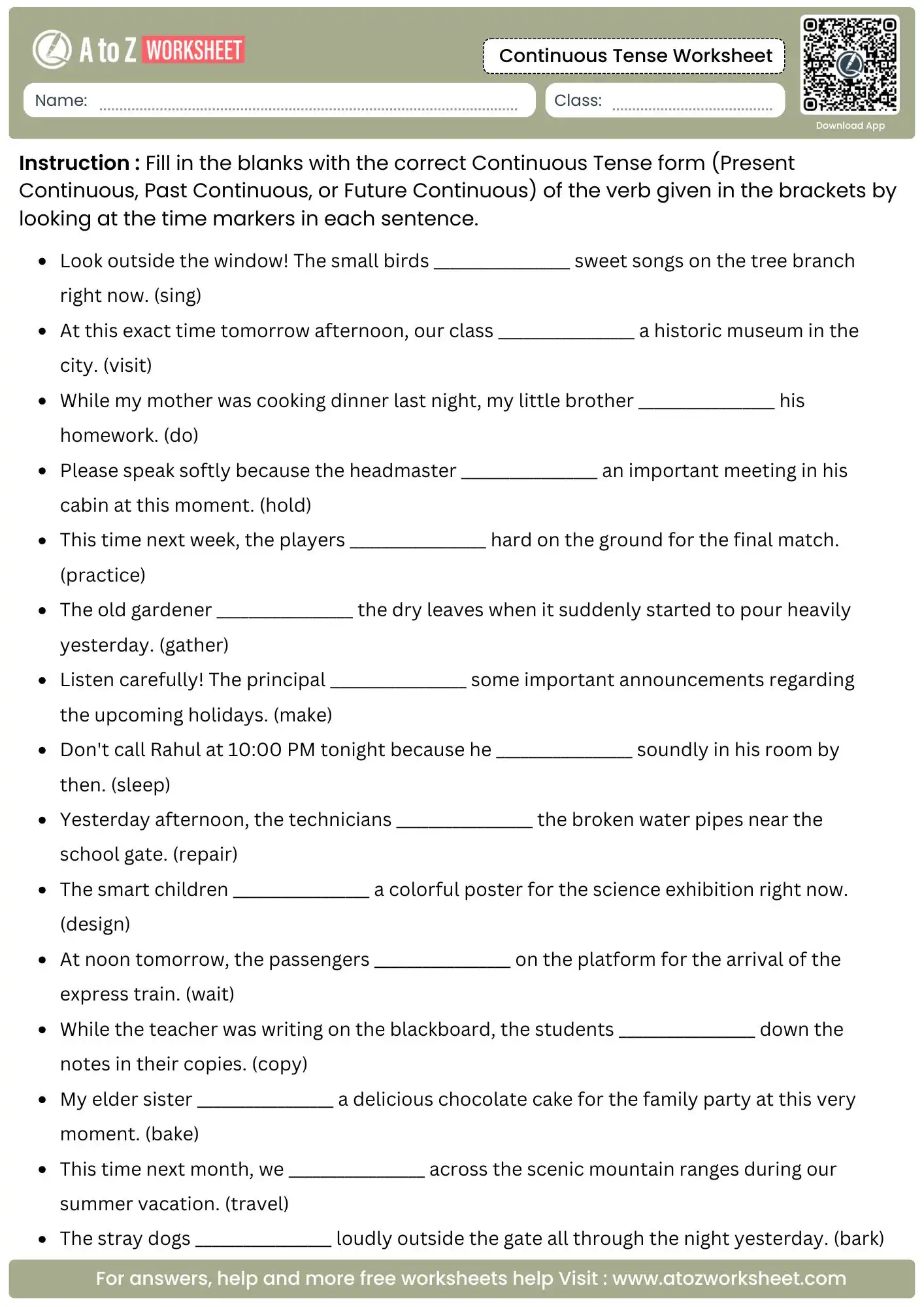 continuous tense worksheets featuring fill in the blank sentences with verb clues in brackets