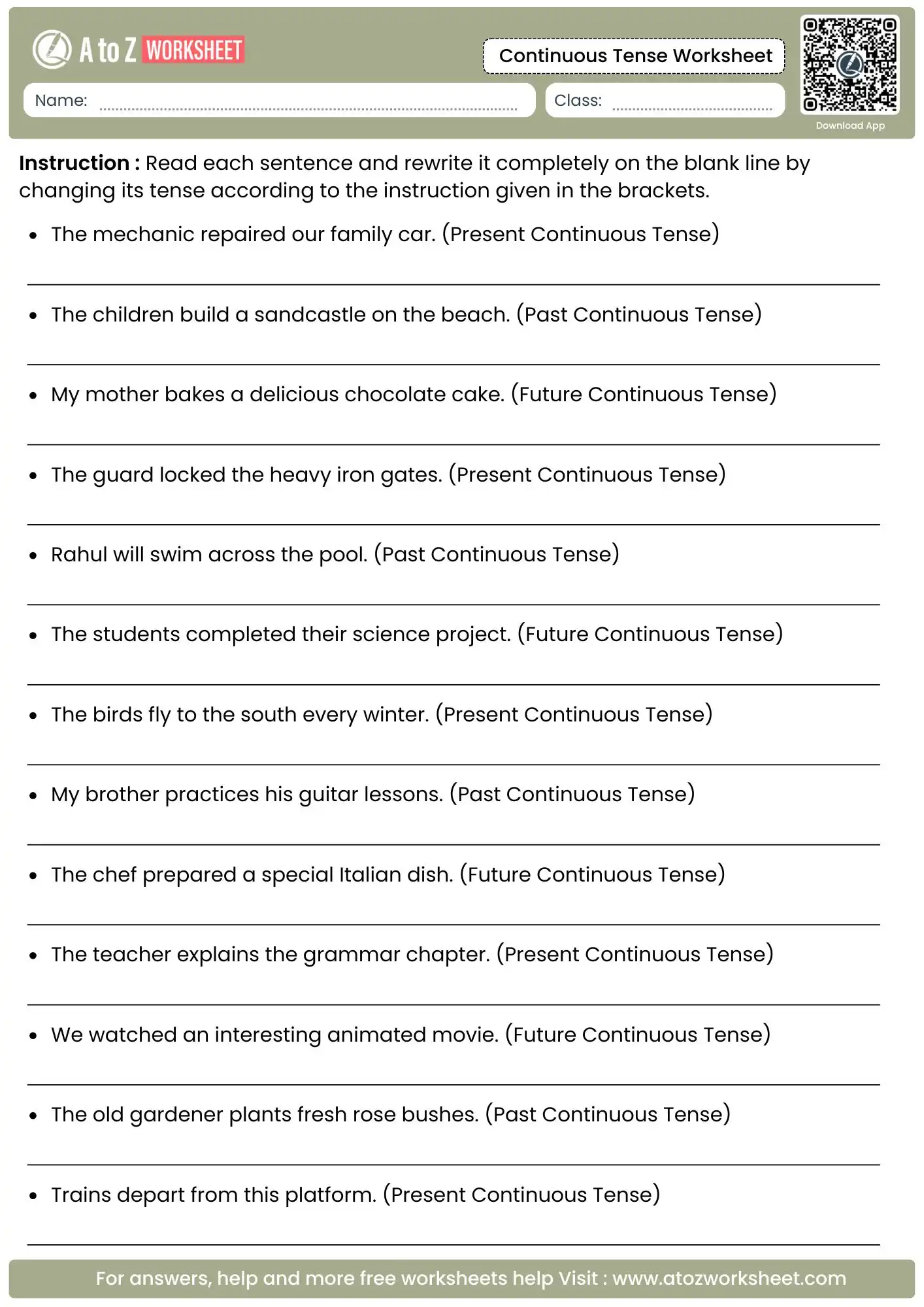 sentence transformation continuous tense worksheets with structural instructions for young kids