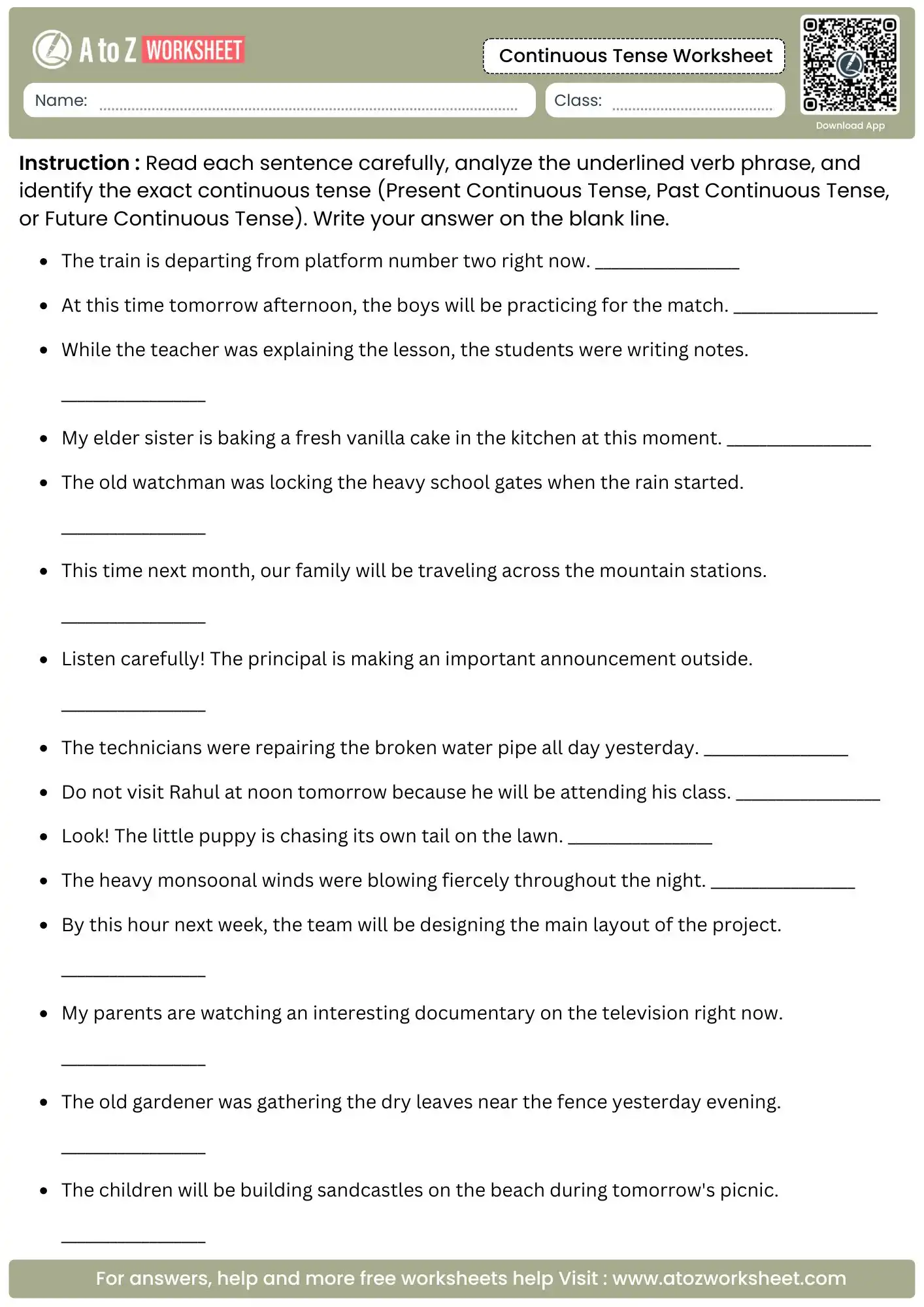 progressive verb analysis continuous tense worksheets with underlined action phrases to identify