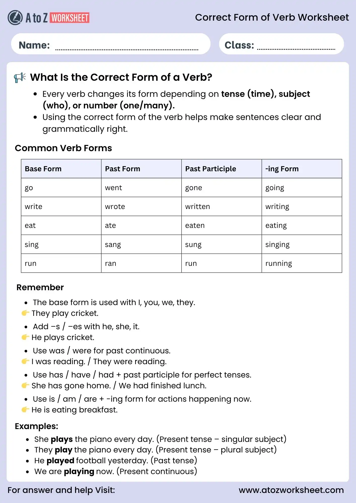 correct form of verb worksheets examples for grade 3 and 4