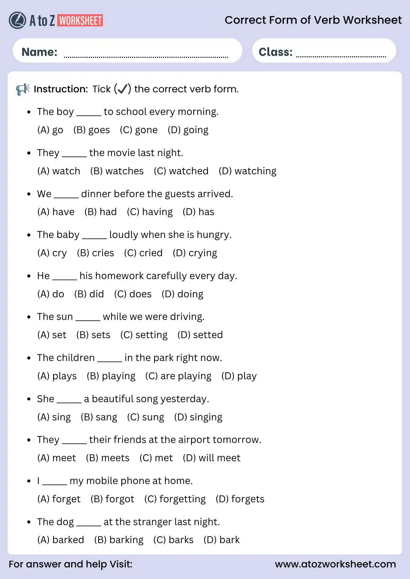 correct form of verb worksheets mcq grammar activity for kids