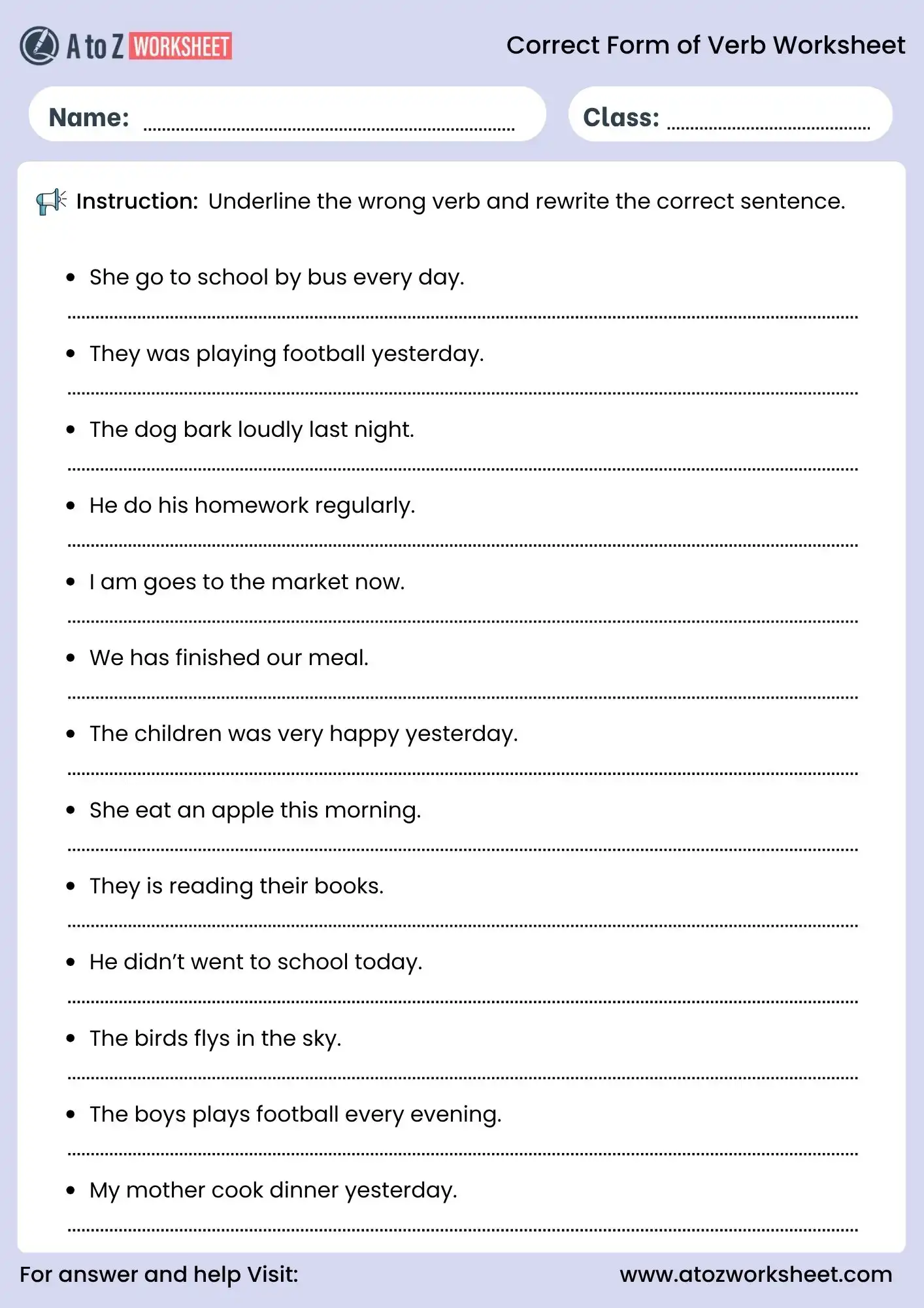 correct form of verb worksheets sentence correction grammar sheet