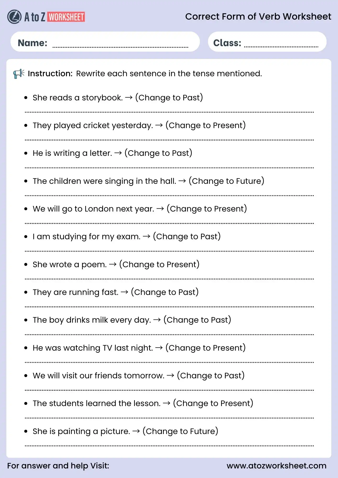 correct form of verb worksheets change tense practice