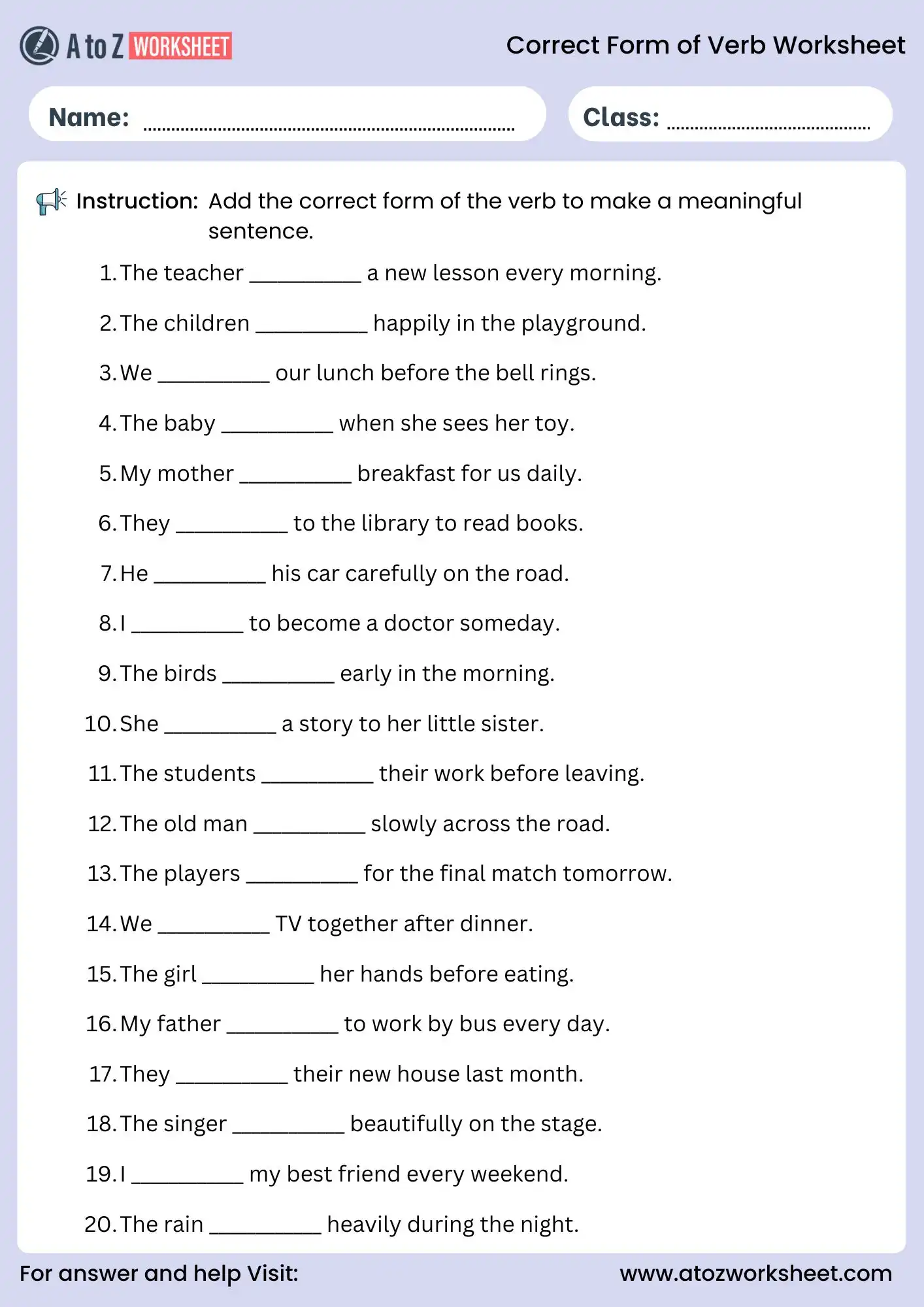 correct form of verb worksheets complete sentence activity