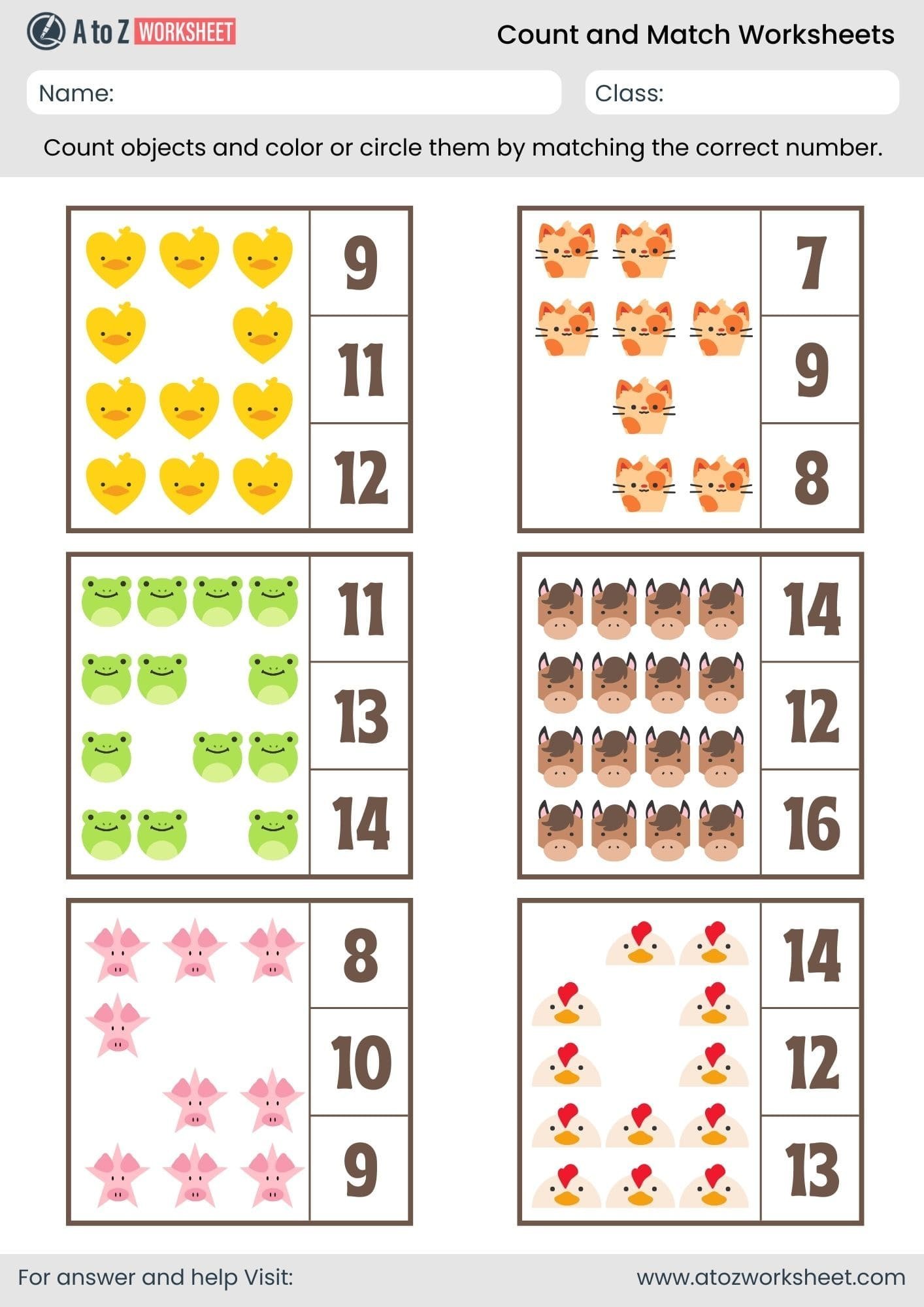animals count and match worksheets 11 20 nursery kindergarten
