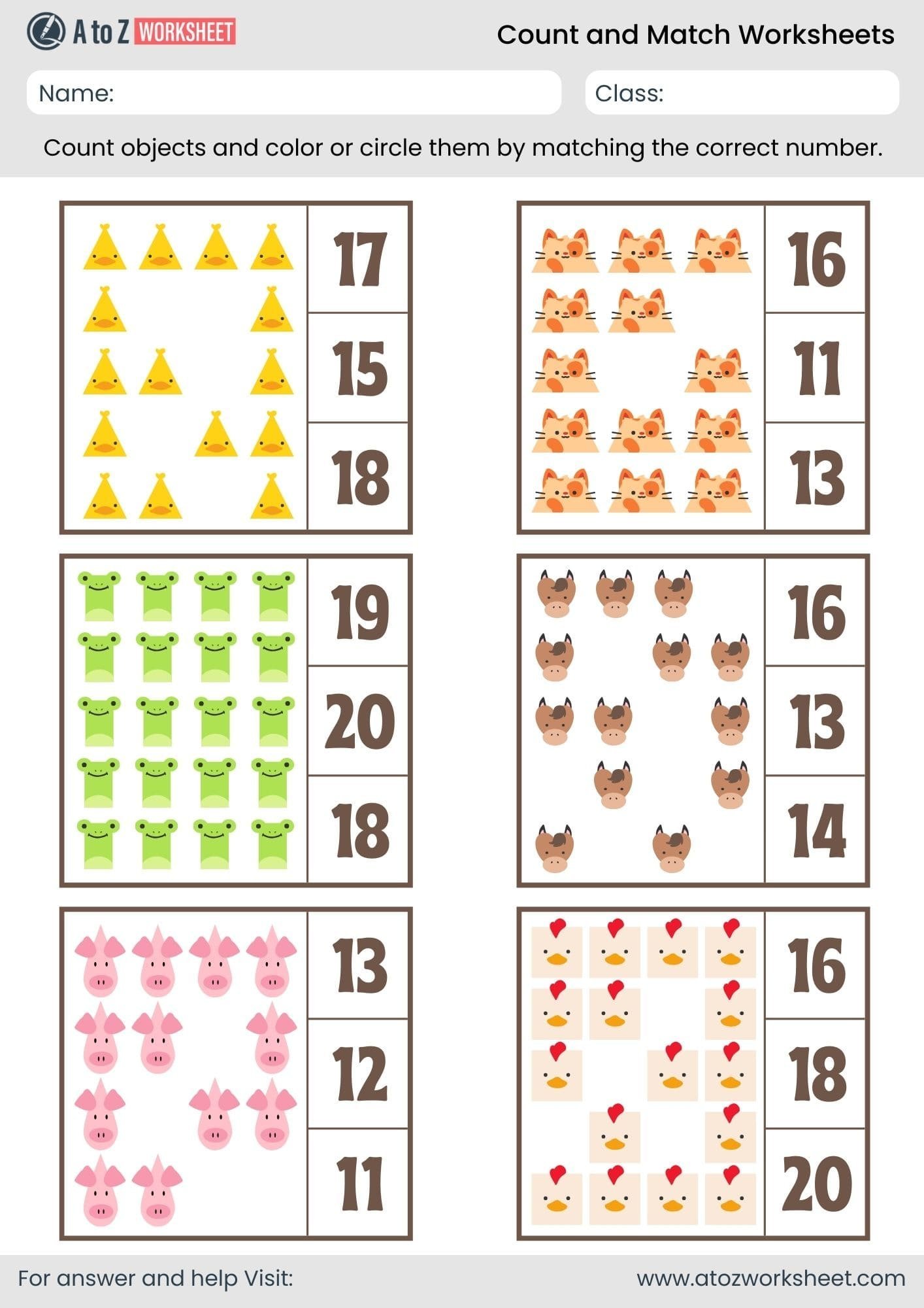 free pdf animals count and match worksheets 11 20 for kids