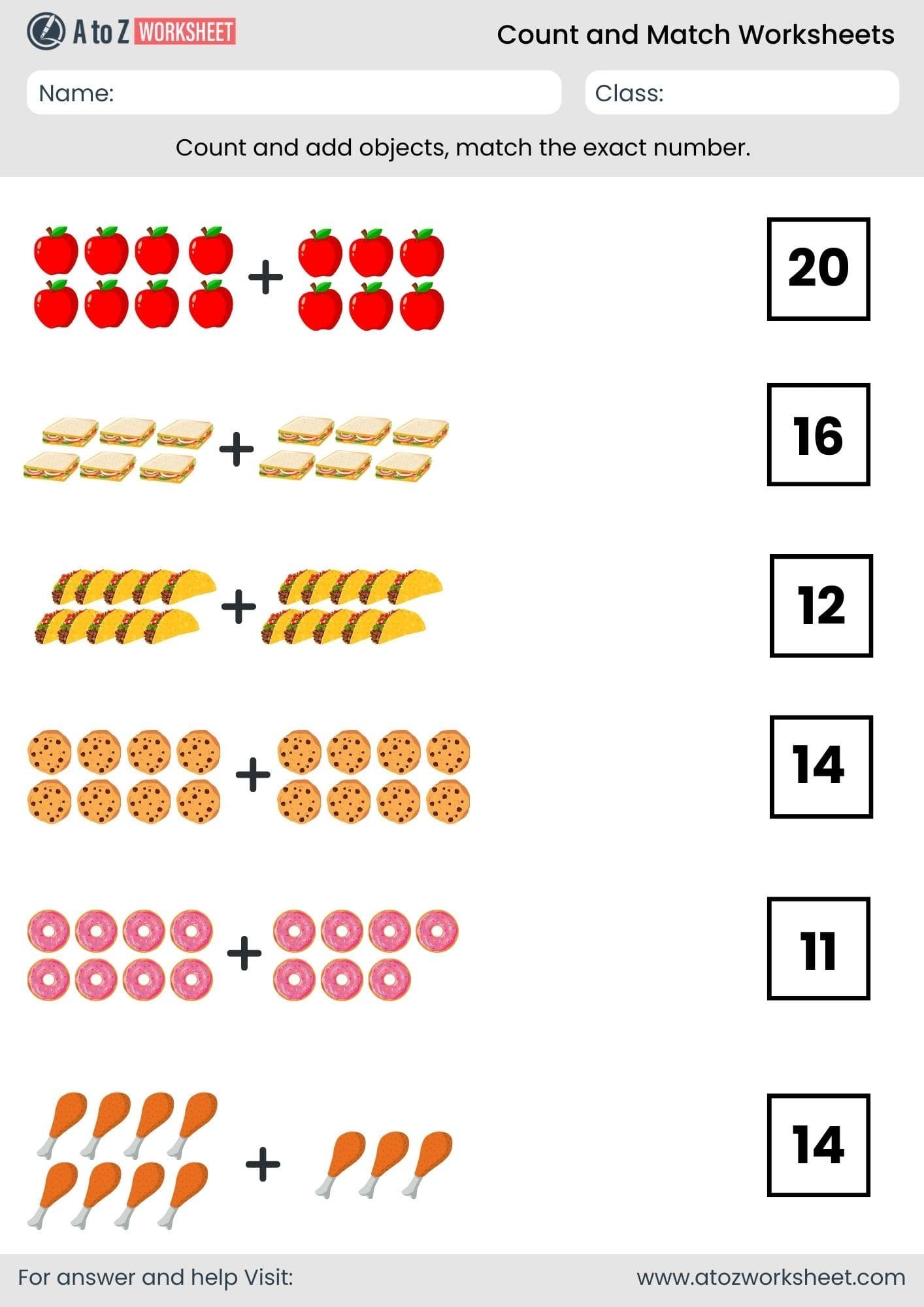 food objects count and match worksheets 11 20 nursery kindergarten pdf