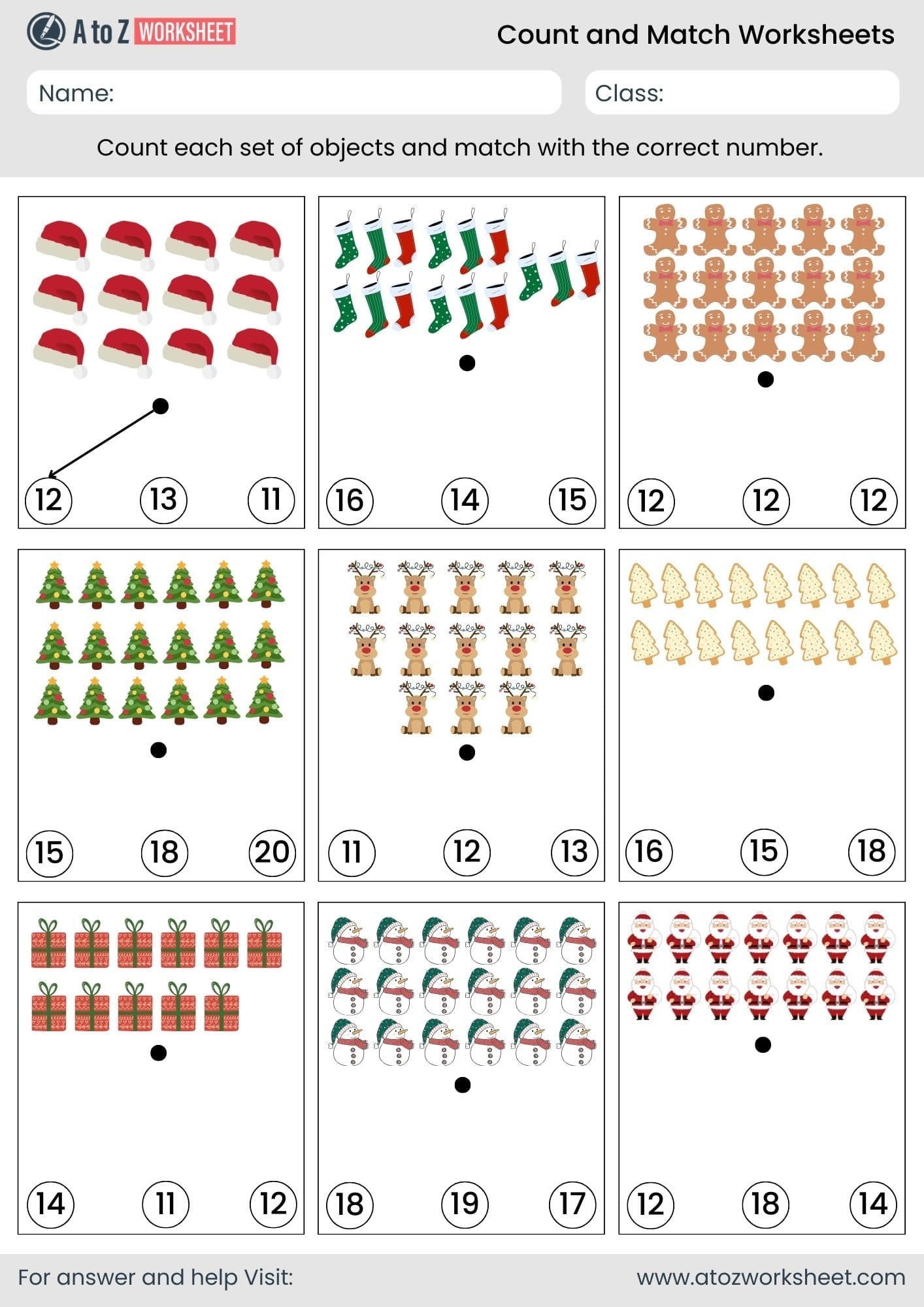 christmas objects count and match worksheets 11 20 nursery kindergarten
