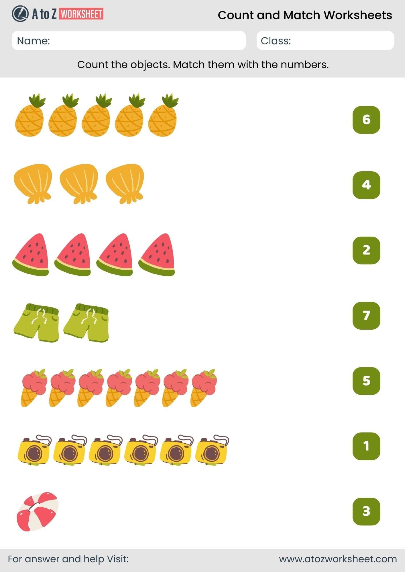 food objects count and match worksheet for kindergarten free pdf