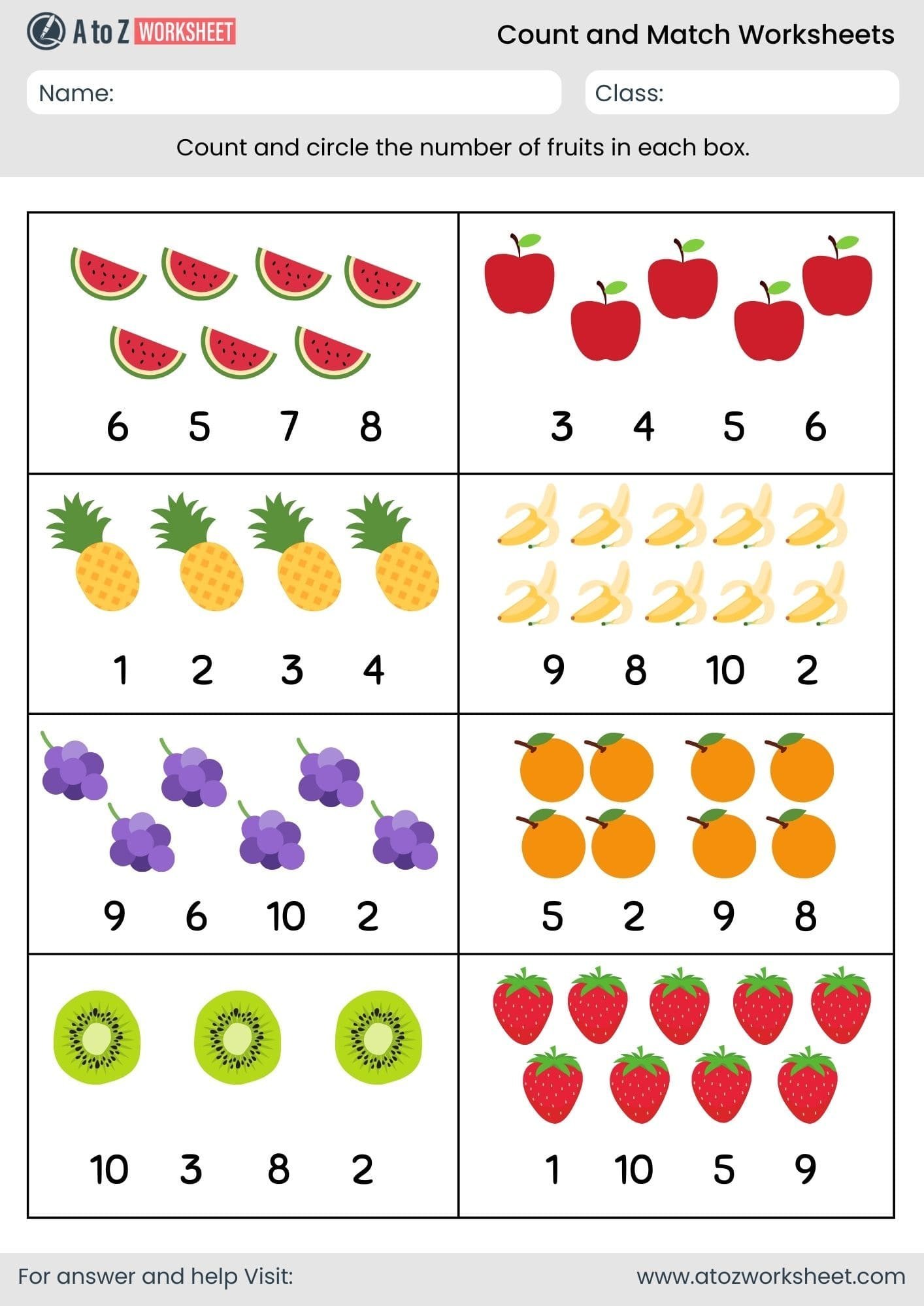 fruits count and match worksheet for nursery and kindergarten