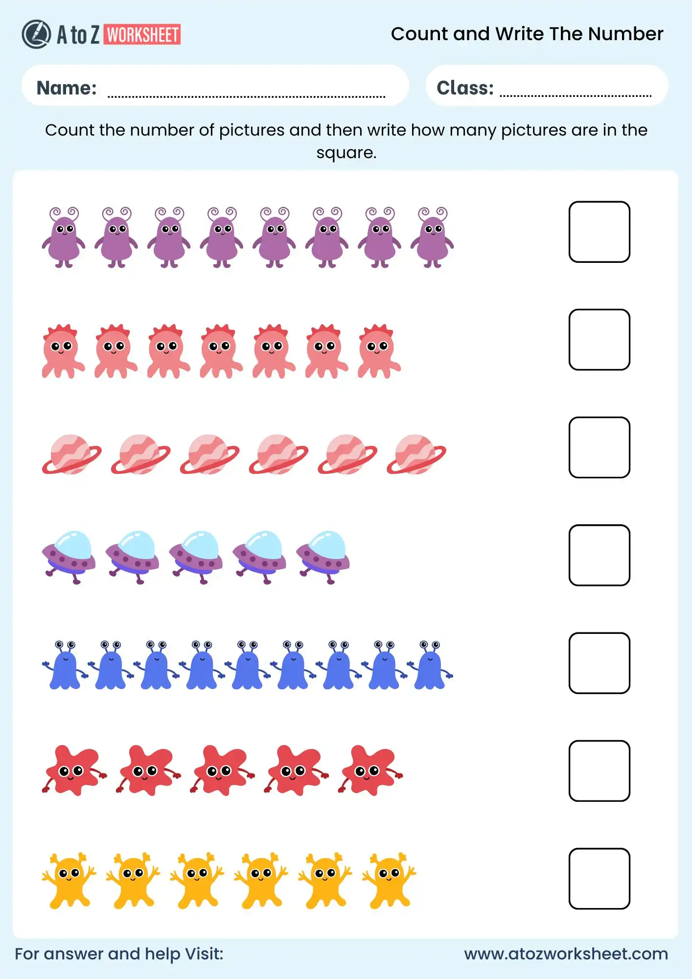 count and write the number worksheets space preschool class 1