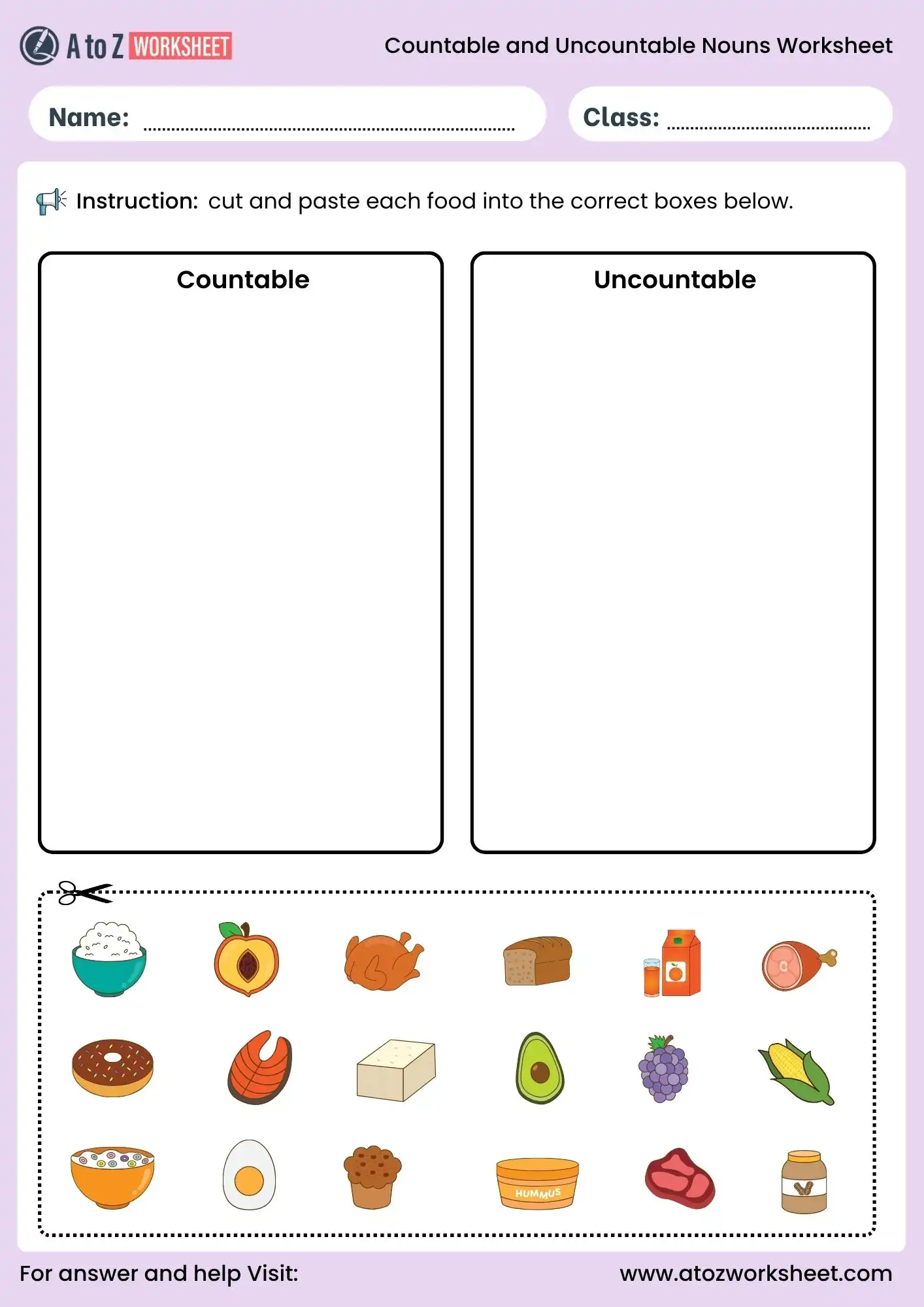 countable and uncountable nouns worksheets for class 3 cut and paste activity