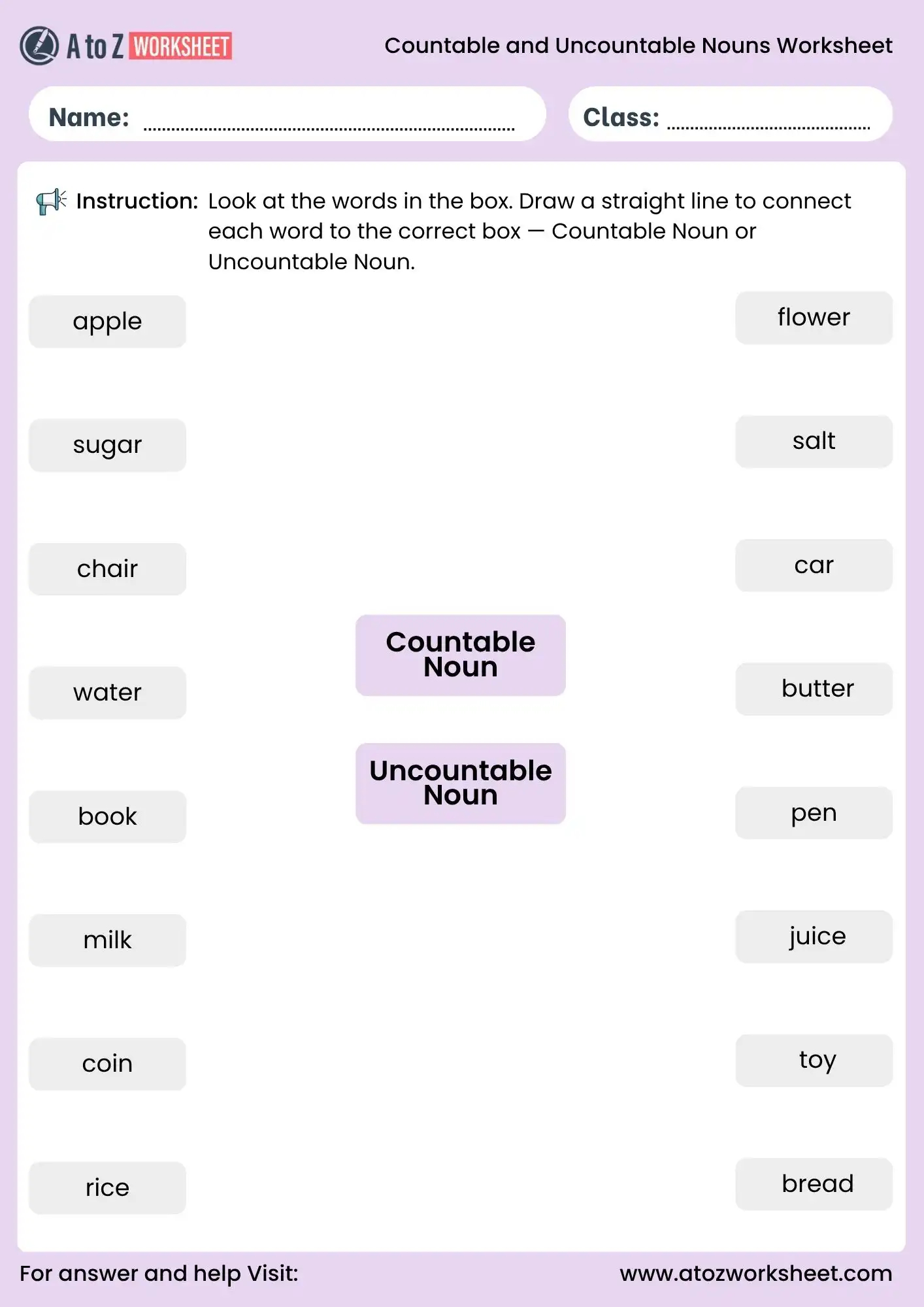 countable and uncountable nouns worksheets for class 4 matching activity