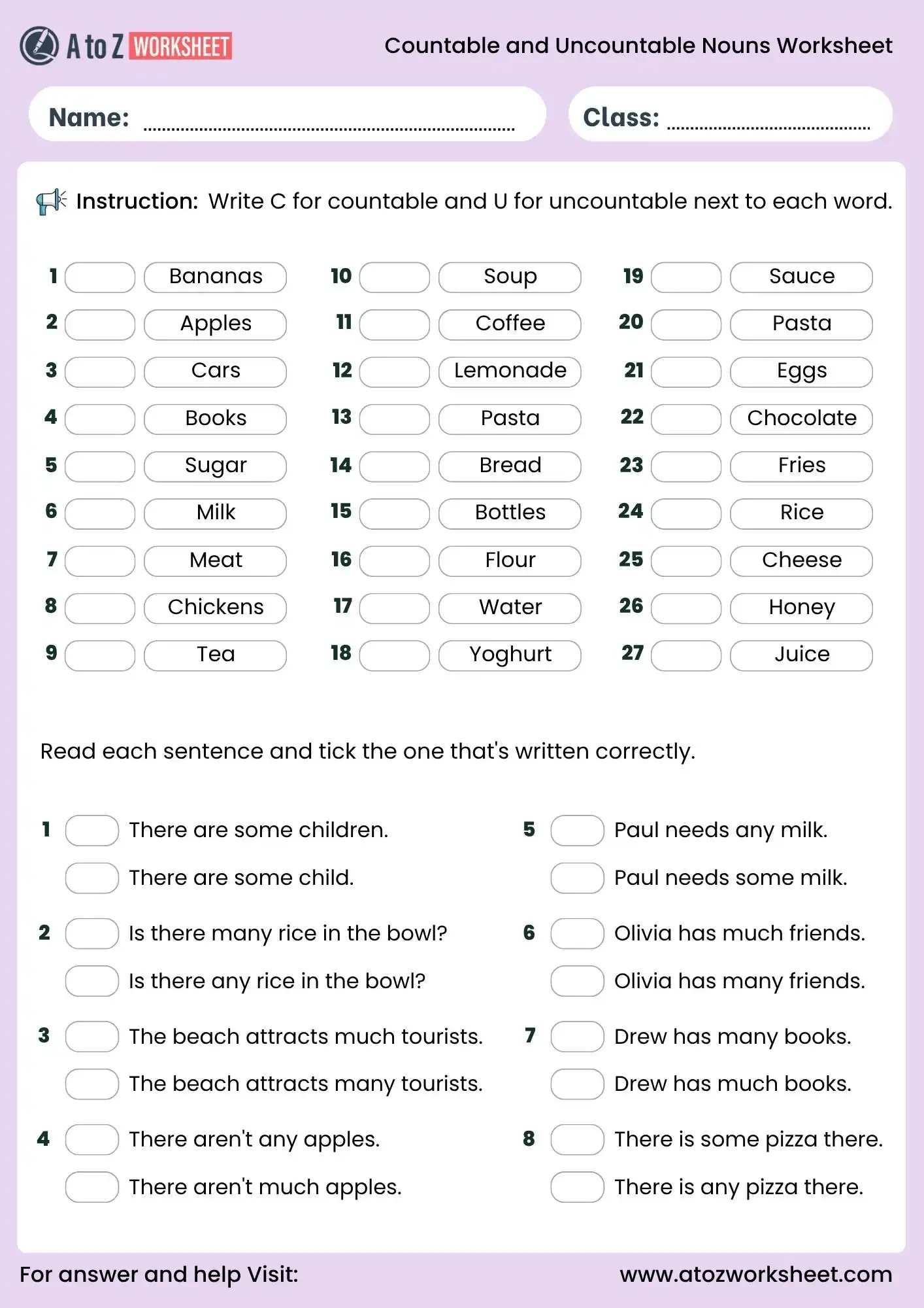countable and uncountable nouns worksheets for class 5 grammar exercise