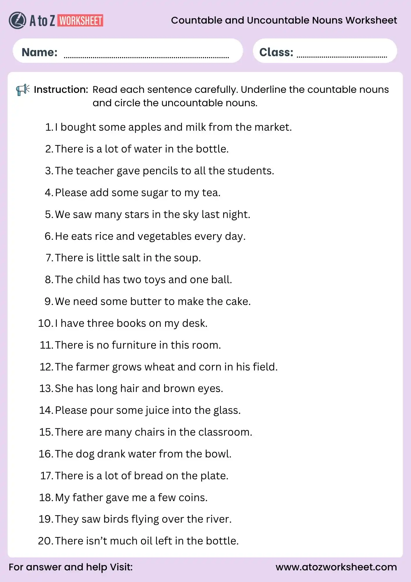 countable and uncountable nouns worksheets grammar activity for students